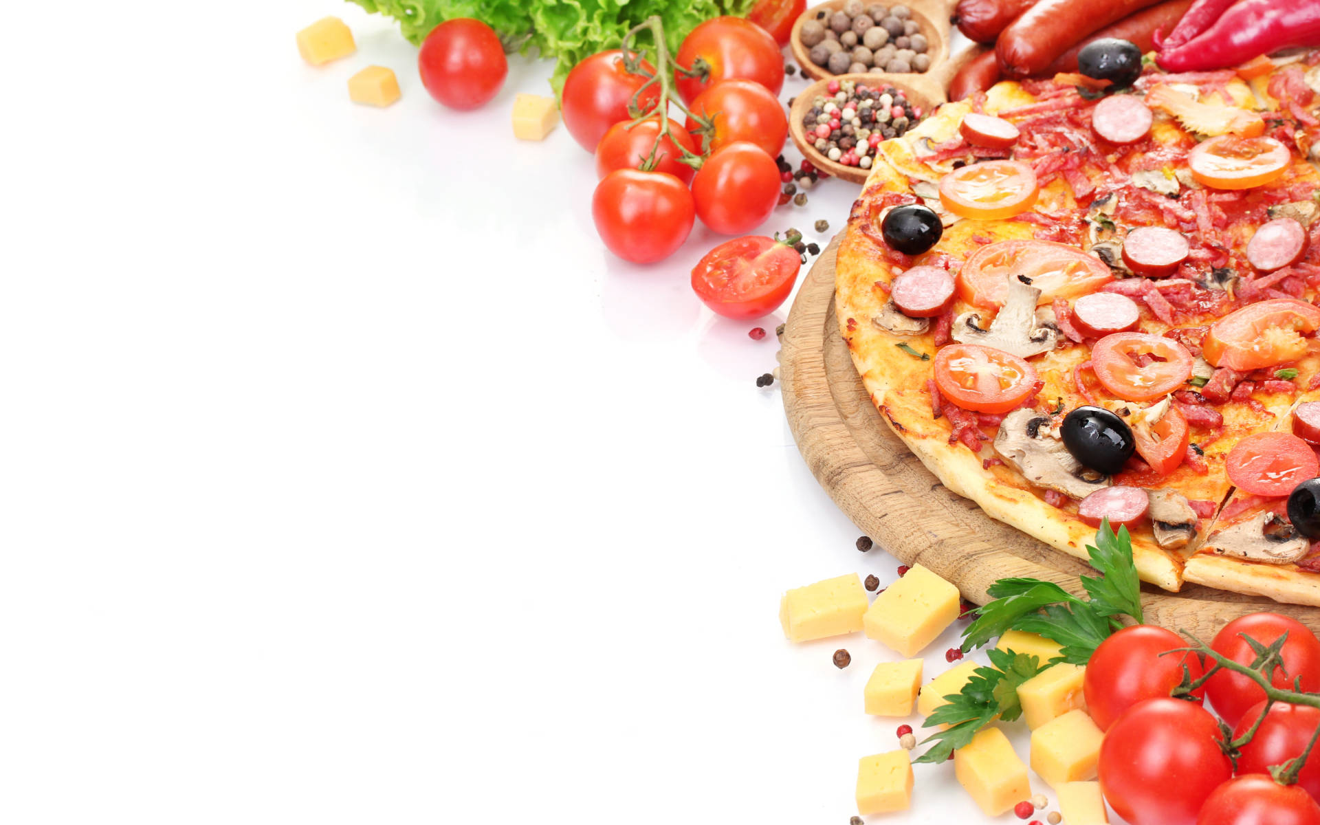 Thin Capricciosa Pizza, tomatoes, olives, Full HD Desktop Wallpaper