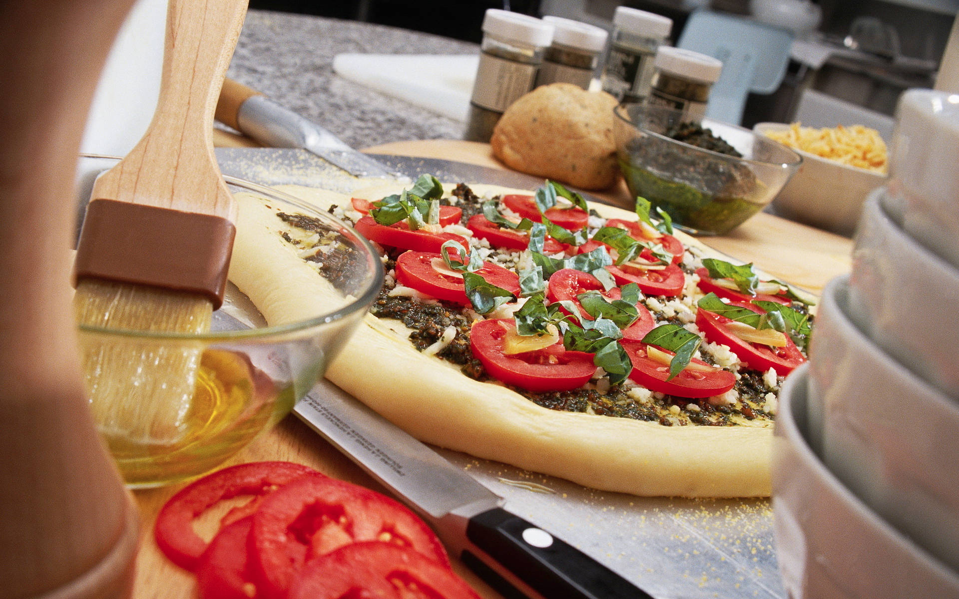 Classic Tomato Pizza, tomato slices, basil, Full HD Desktop Wallpaper