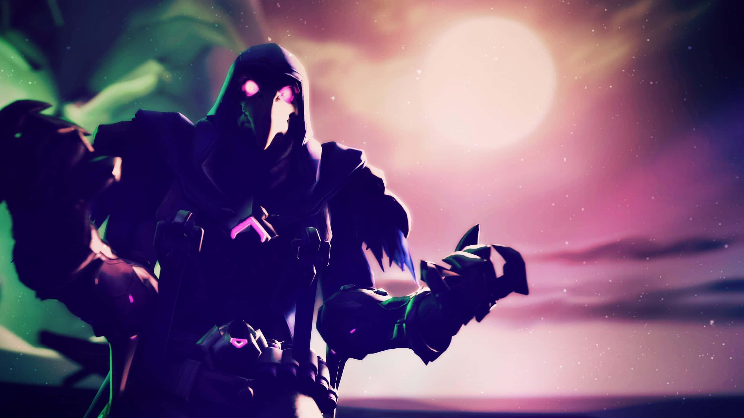 futuristic plague doctor, glowing pink eyes, surreal sunset sky, 2K Desktop Wallpaper