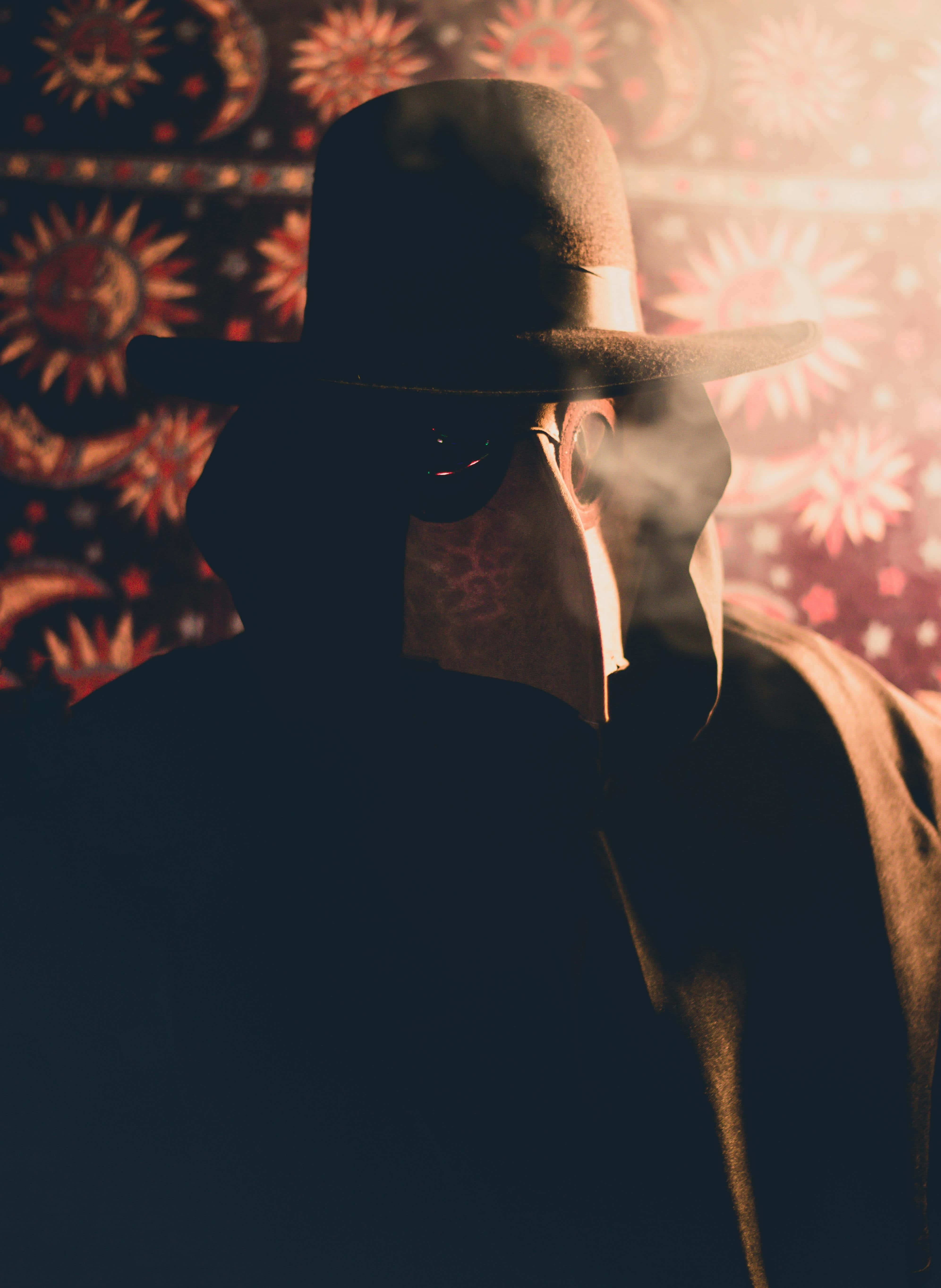 Plague Doctor, wide-brimmed hat, sunglasses, 5K Phone Wallpaper