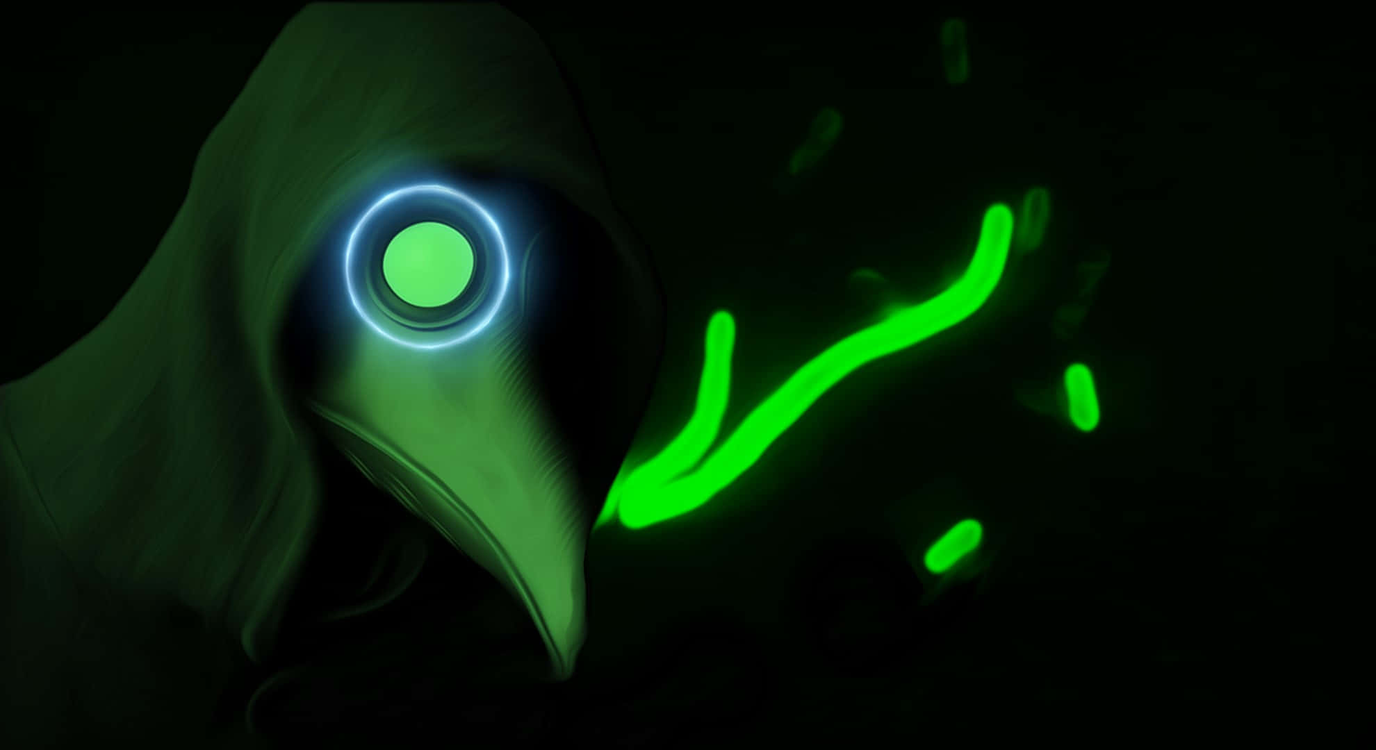 glowing plague doctor mask, glowing green eye, neon-green tendrils, Full HD Desktop Wallpaper