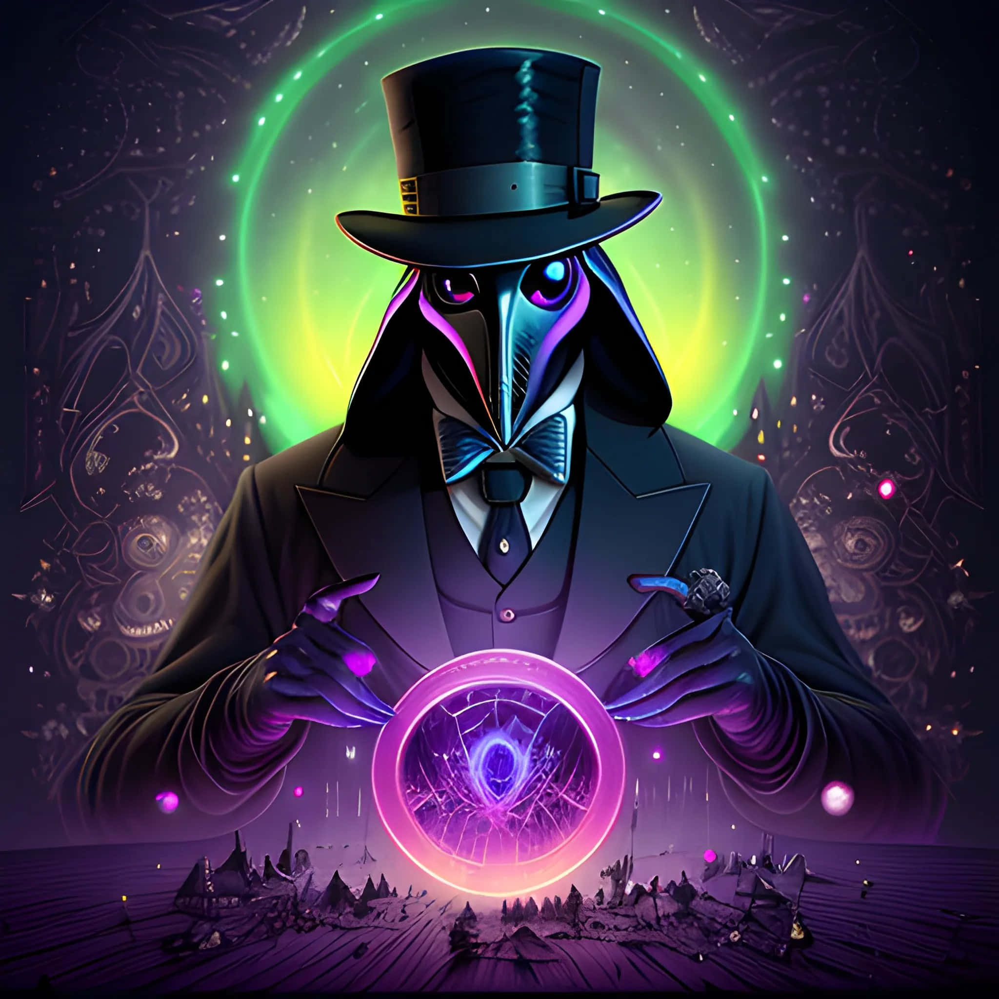 Plague Doctor, top hat, glowing purple orb, Full HD Desktop Wallpaper