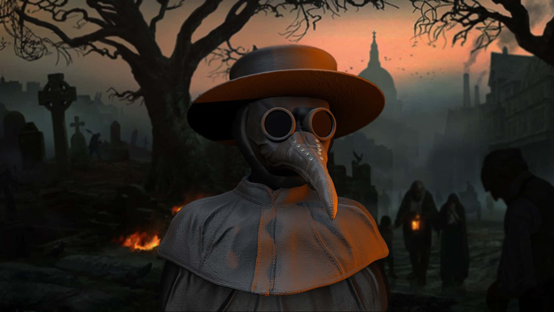 Plague Doctor, cemetery, dusk, Full HD Desktop Wallpaper