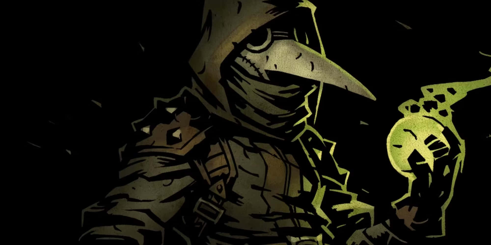 Plague Doctor, glowing green skull, dark tones, Full HD Desktop Wallpaper