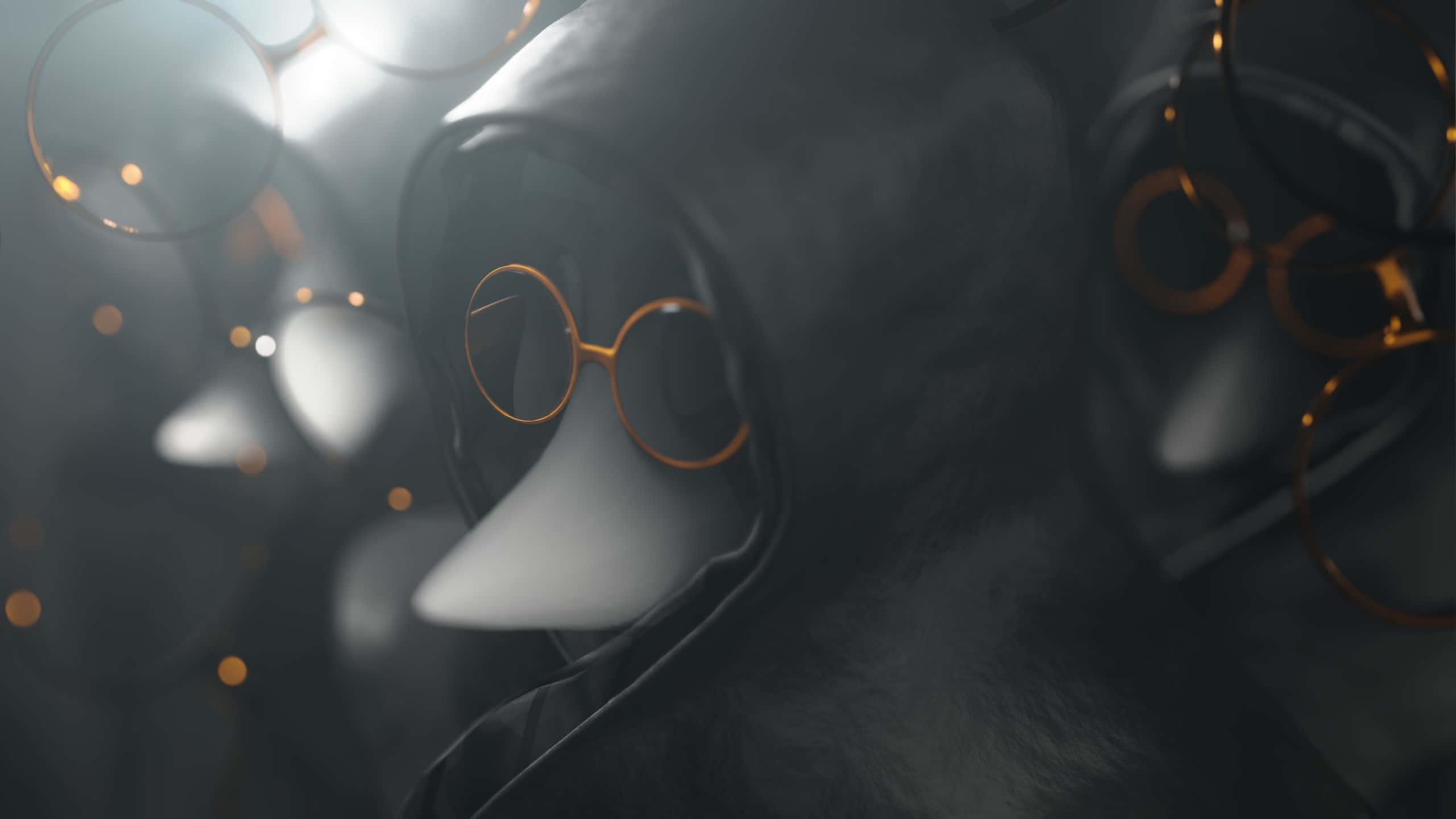 Plague Doctor, hooded figure, round gold-rimmed glasses, 2K Desktop Wallpaper