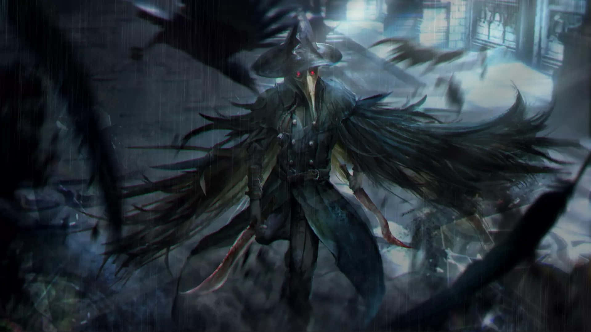 Plague Doctor, glowing red eyes, feathered wings, HD Desktop Wallpaper