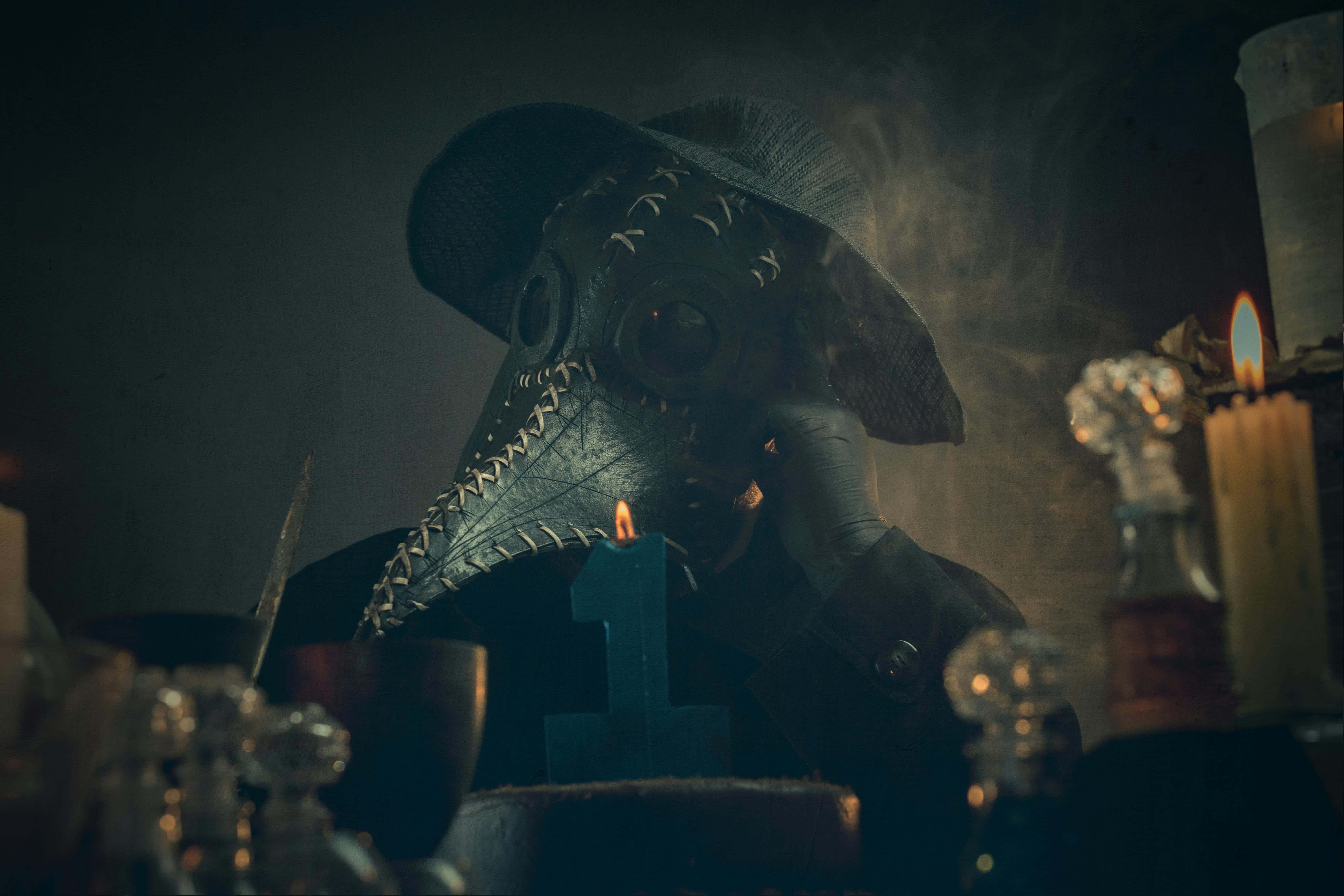 plague doctor, bird-like mask, candlelight, 5K Desktop Wallpaper