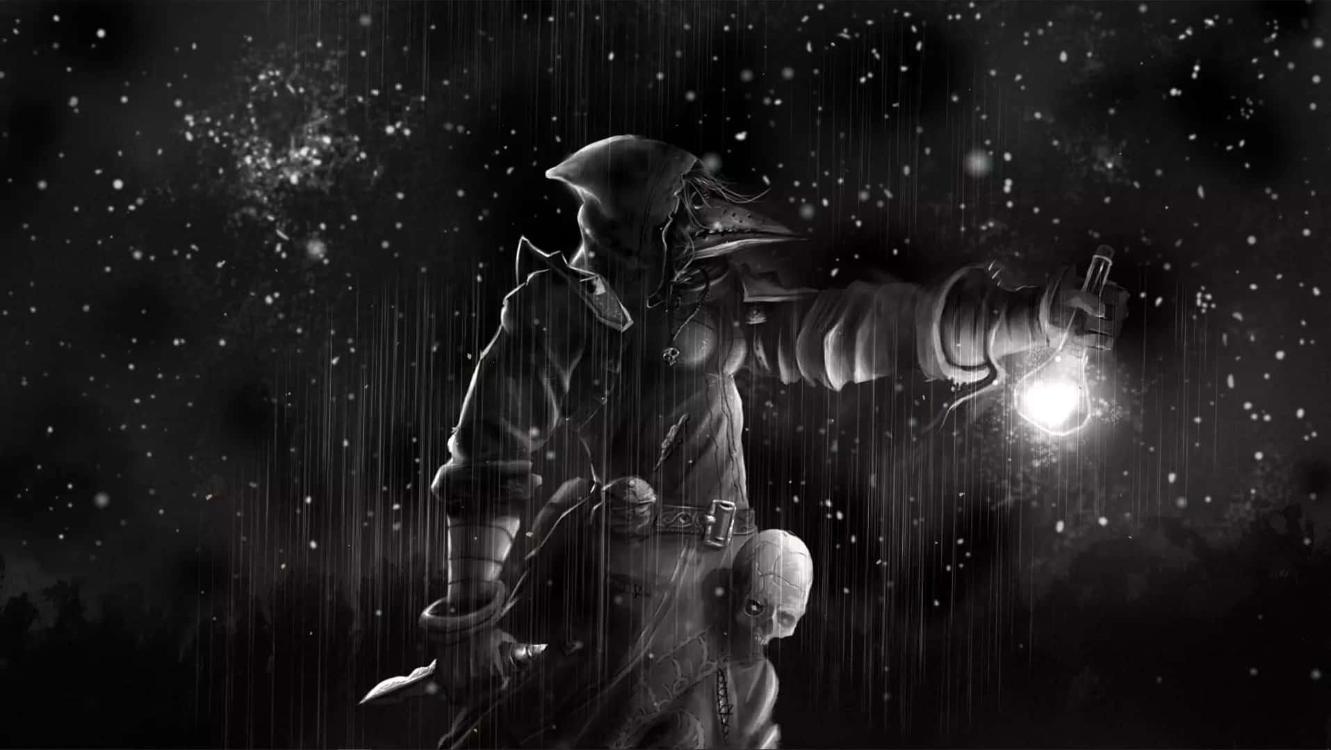 Plague Doctor, rainy night, glowing lantern, HD Desktop Wallpaper