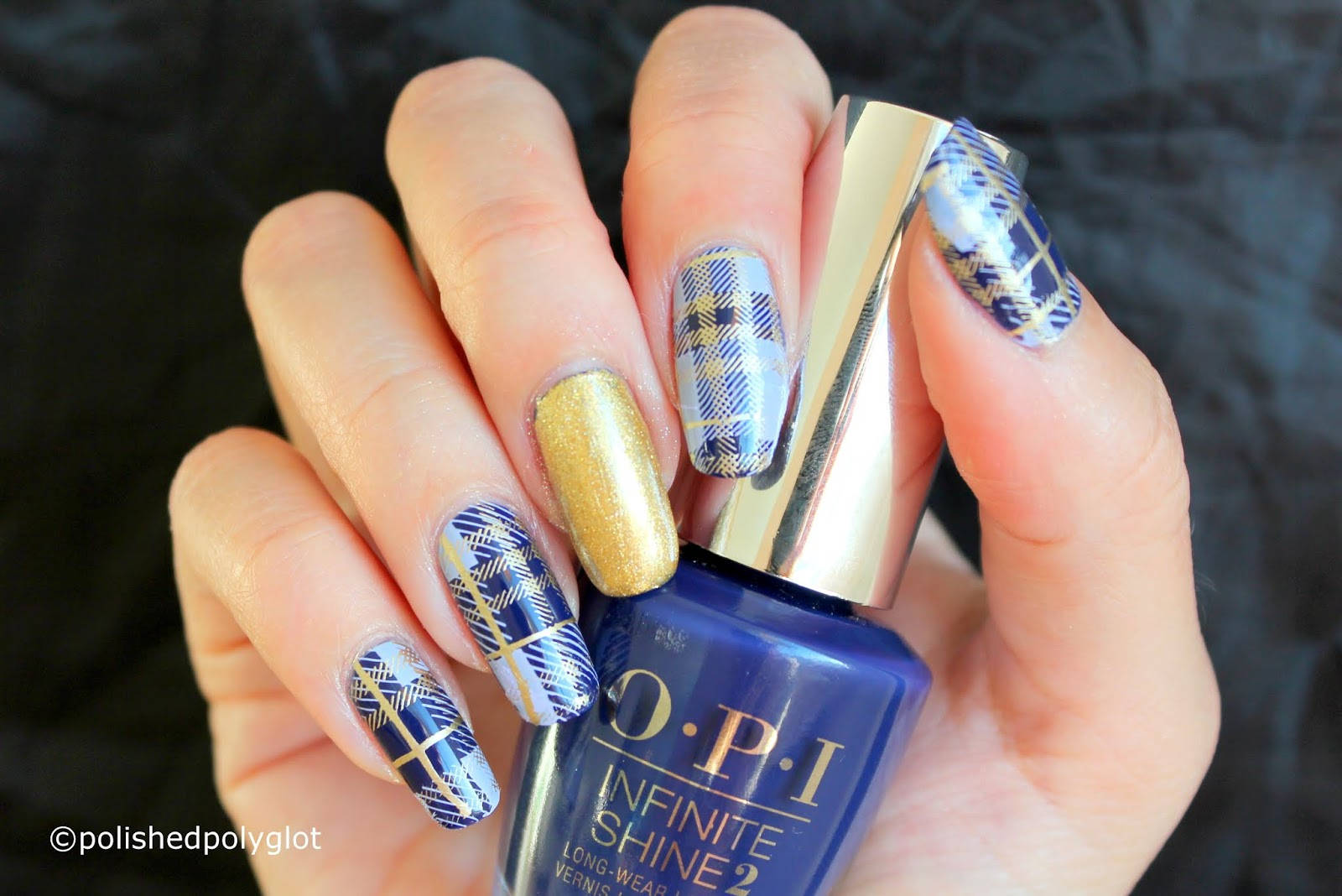 plaid, gold glitter nails, blue OPI Infinite Shine 2, HD Desktop Wallpaper