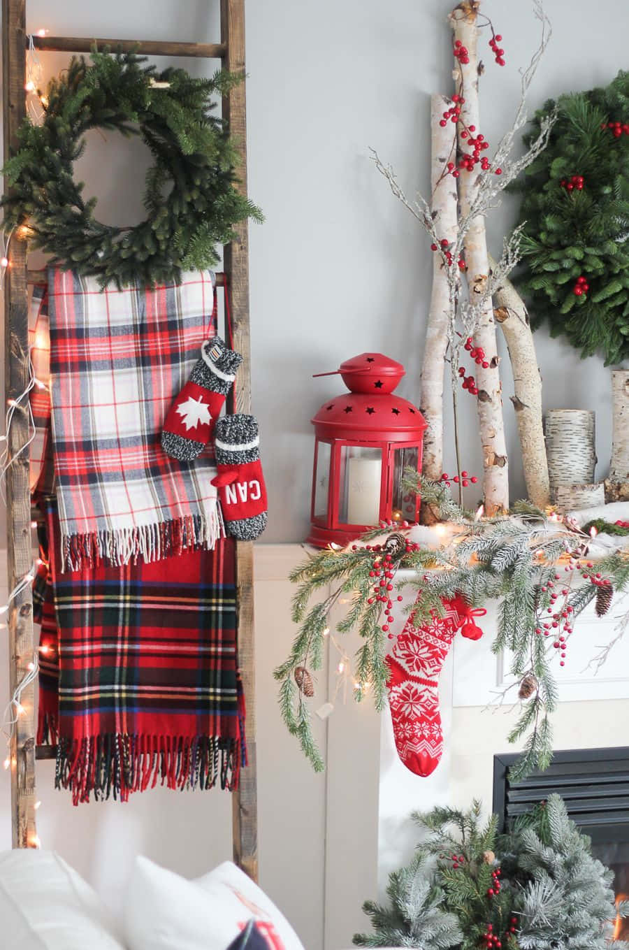 Farmhouse Christmas, red plaid blanket, Canadian socks, HD Phone Wallpaper
