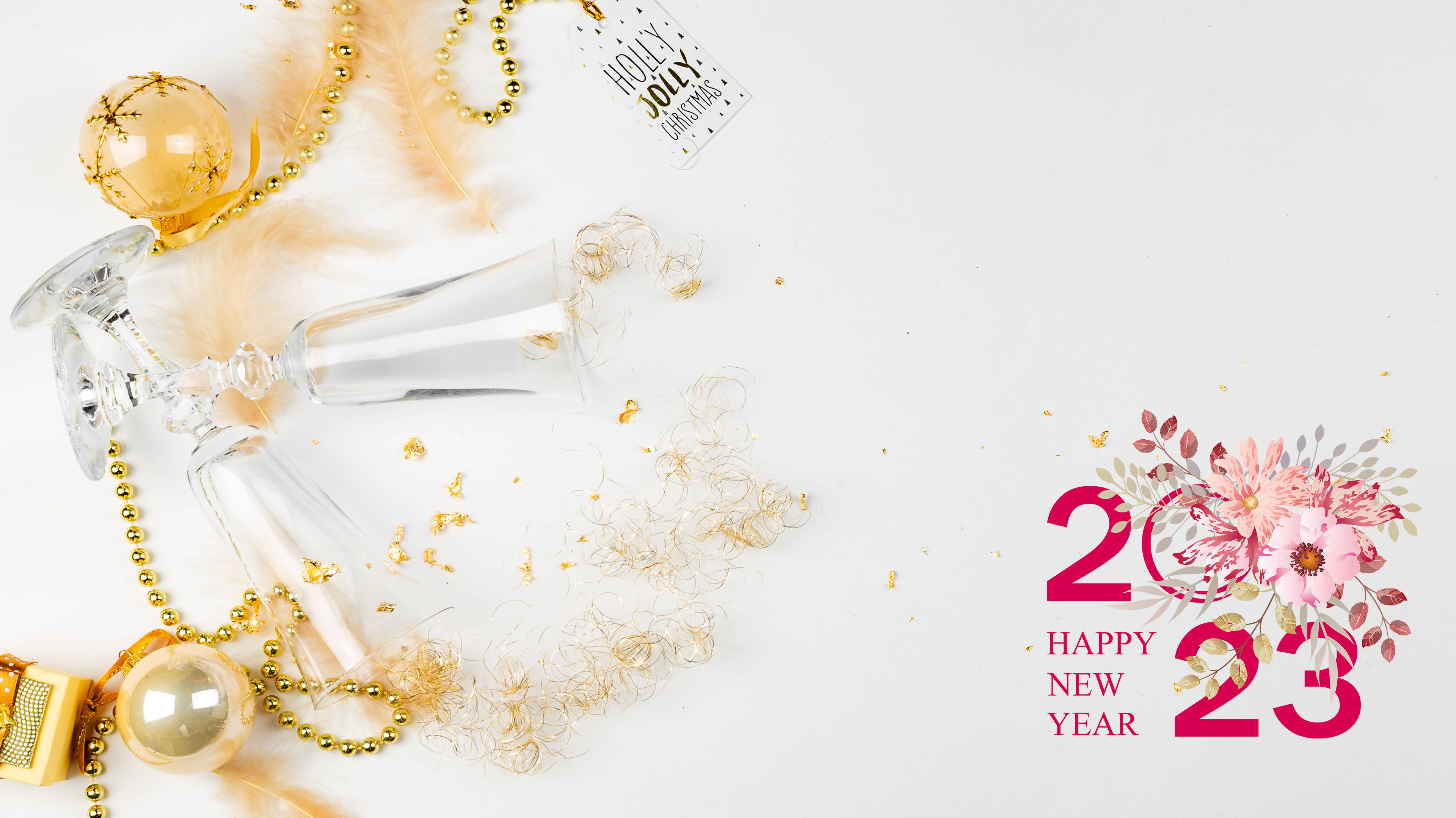 Happy New Year 2023, champagne flutes, gold beads, 4K Desktop Wallpaper