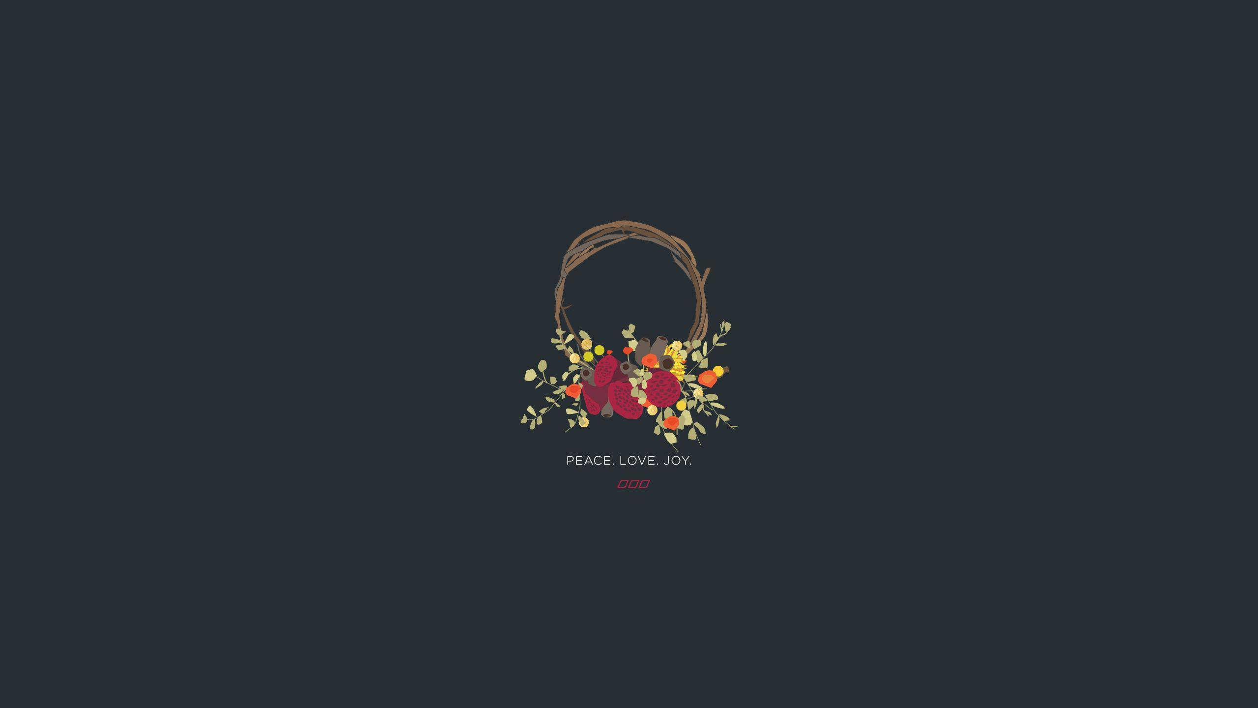 Peace Love Joy, minimalist floral wreath, red berries, 2K Desktop Wallpaper