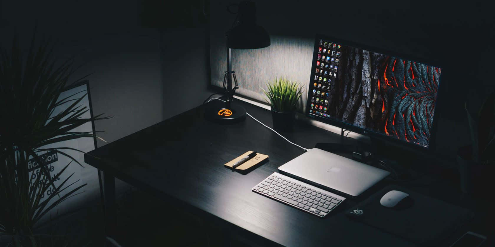 sleek black desk, glowing monitor, fiery wallpaper, HD Desktop Wallpaper