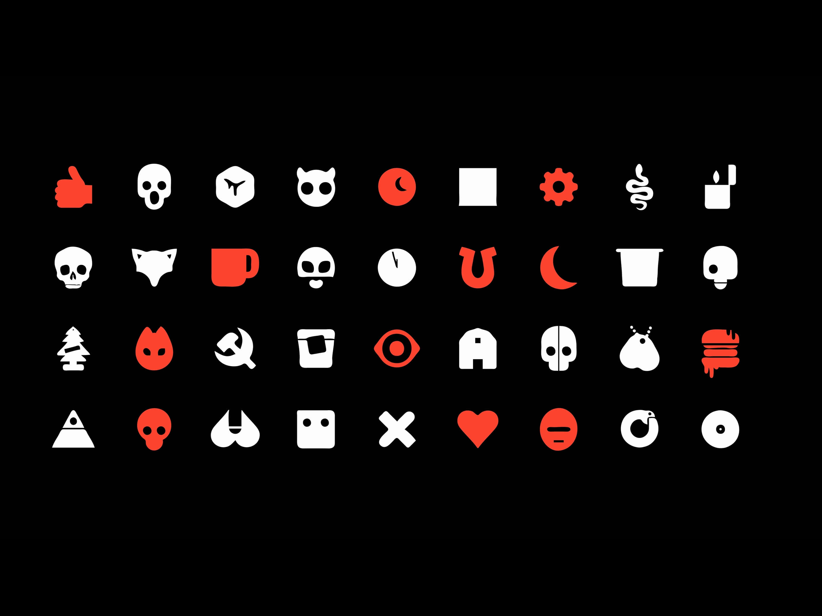 amoled desktop, black background, red and white icons, 2K Desktop Wallpaper
