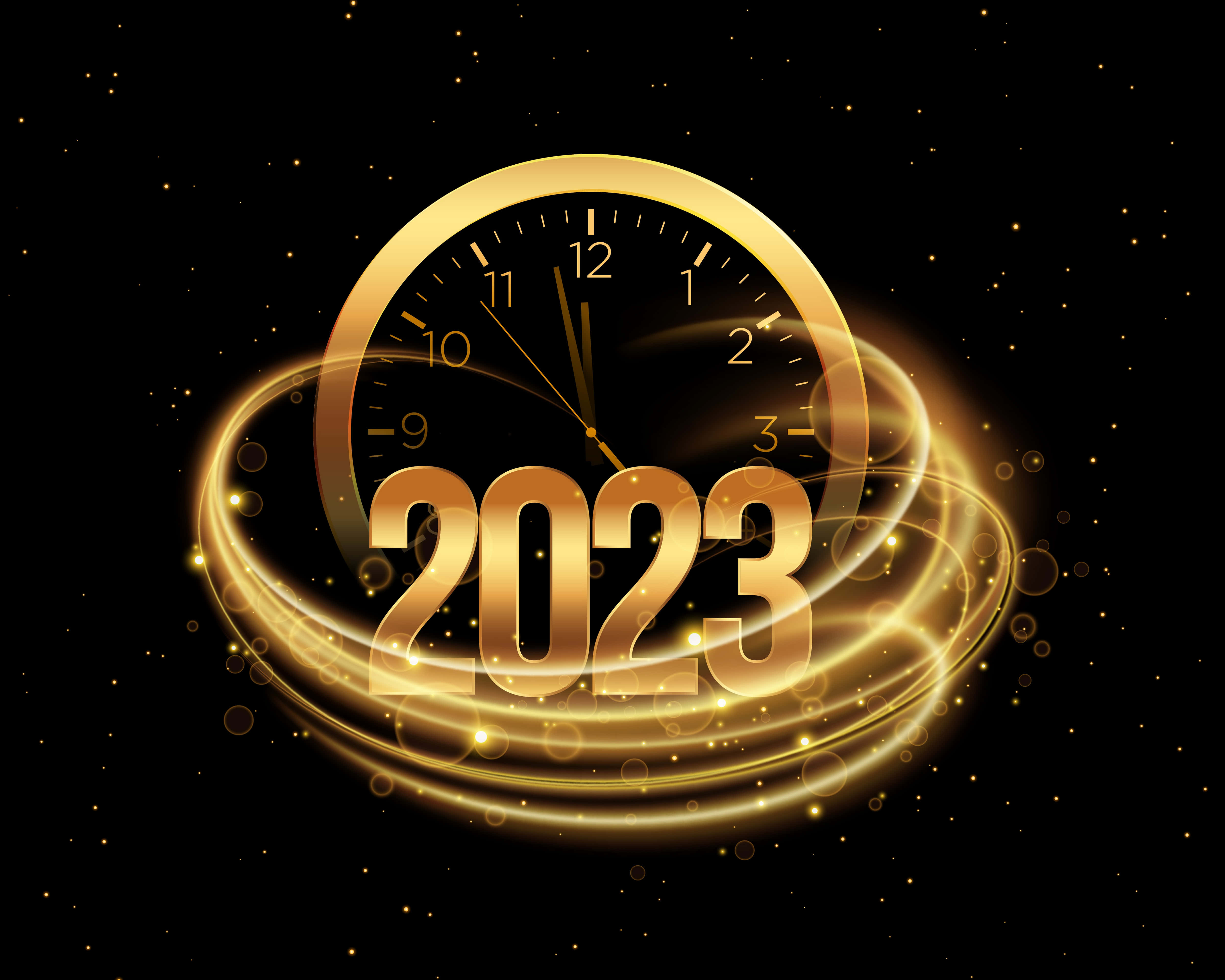 black and gold desktop, Golden clock face, year 2023, 4K Desktop Wallpaper