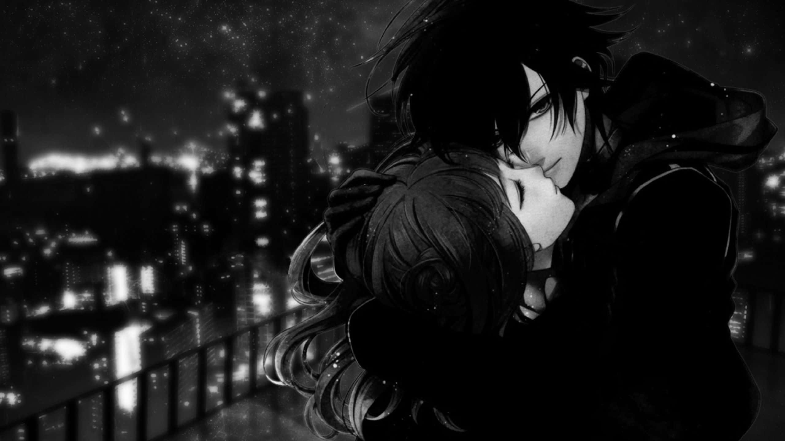 black and white anime couple, rooftop, glittering cityscape, 2K Desktop Wallpaper