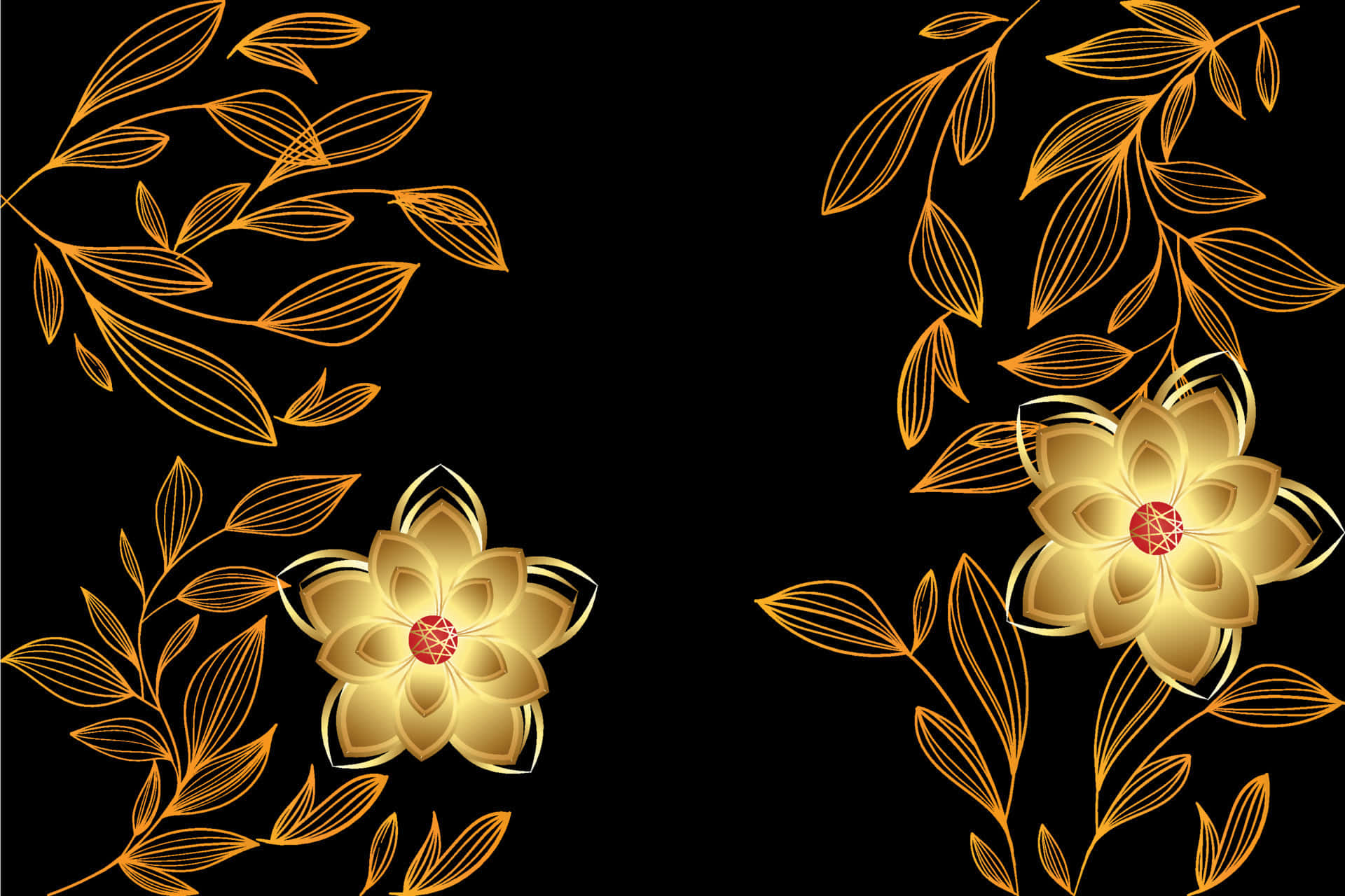 Black and Gold Desktop, Golden floral line art, glowing petals, Full HD Desktop Wallpaper