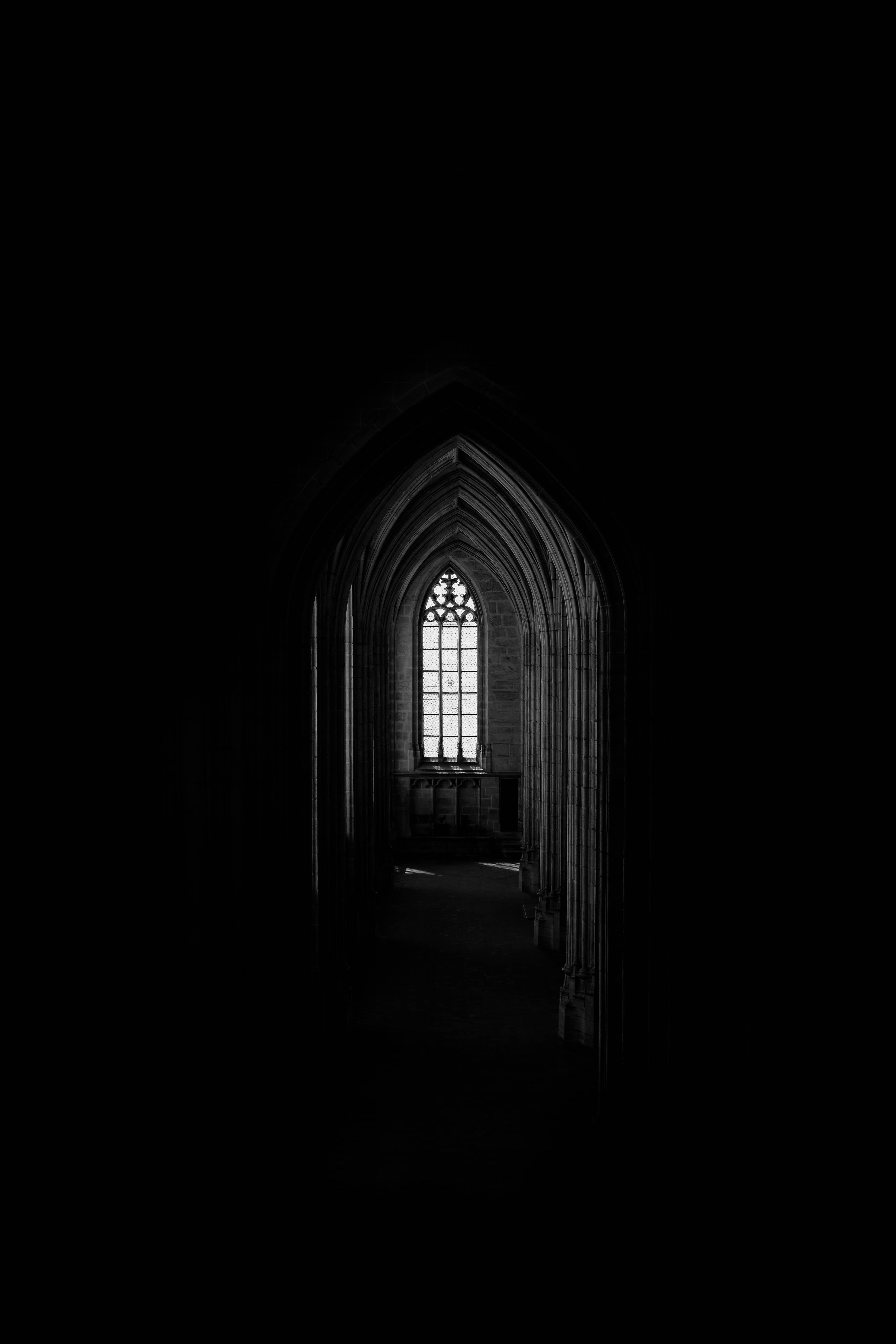 Plain Black iPhone, chapel window, gothic archway, 5K Phone Wallpaper