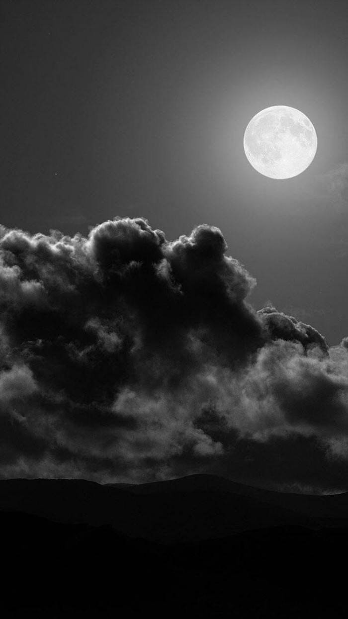 Cloudy Solid Black iPhone, luminous full moon, dramatic storm clouds, SD Phone Wallpaper