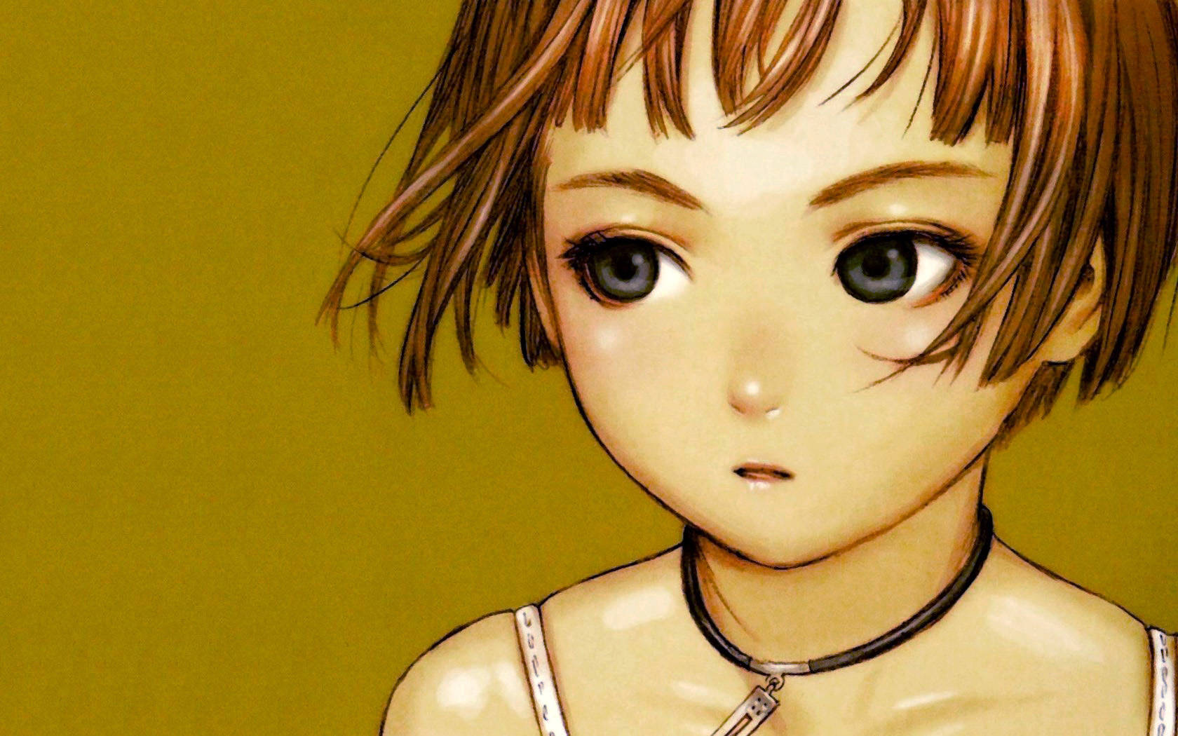 anime girl, brown hair, large blue eyes, HD Desktop Wallpaper