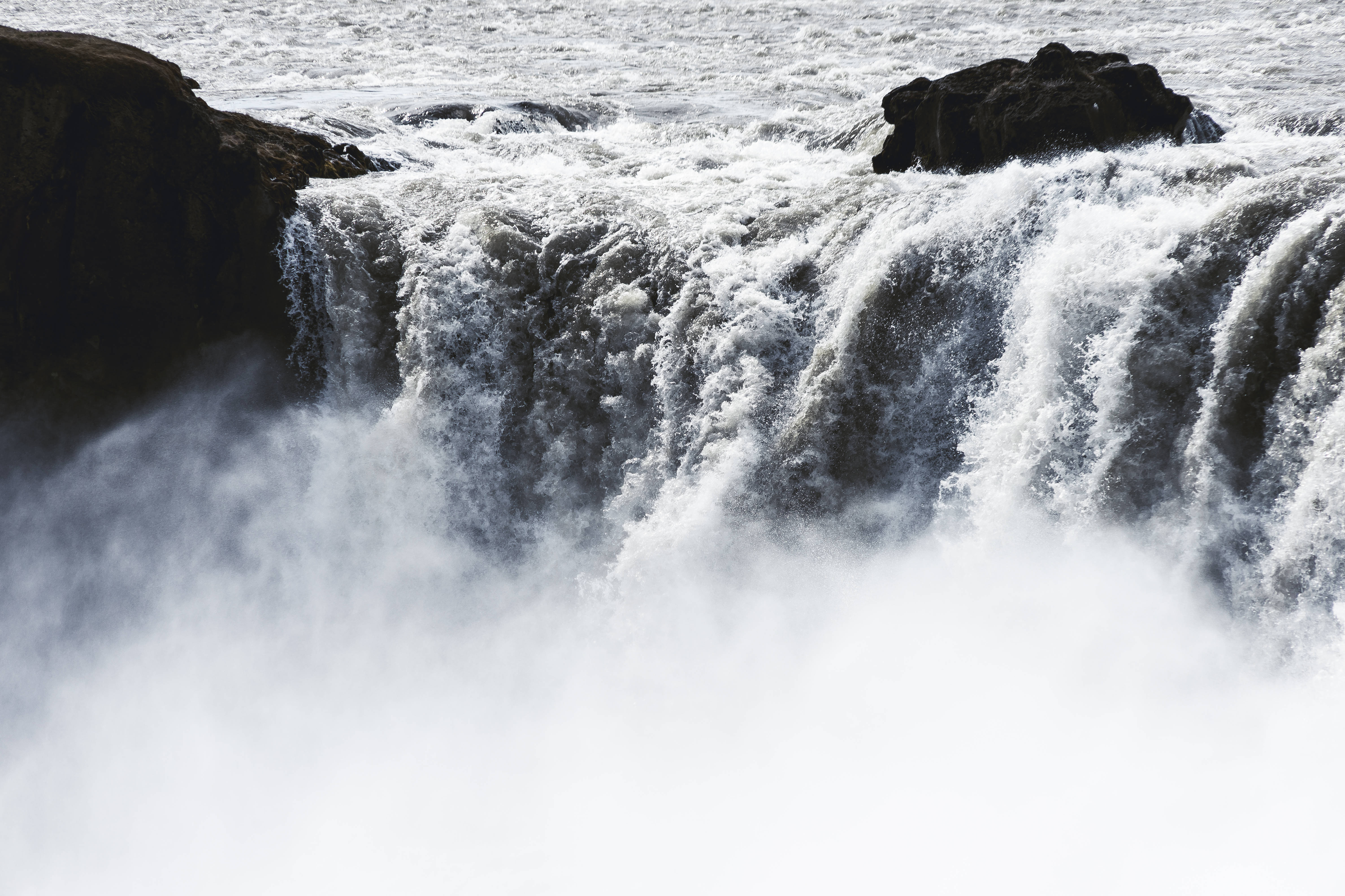 Serene Grey Landscape Photography, waterfall, dark rocks, 5K Desktop Wallpaper