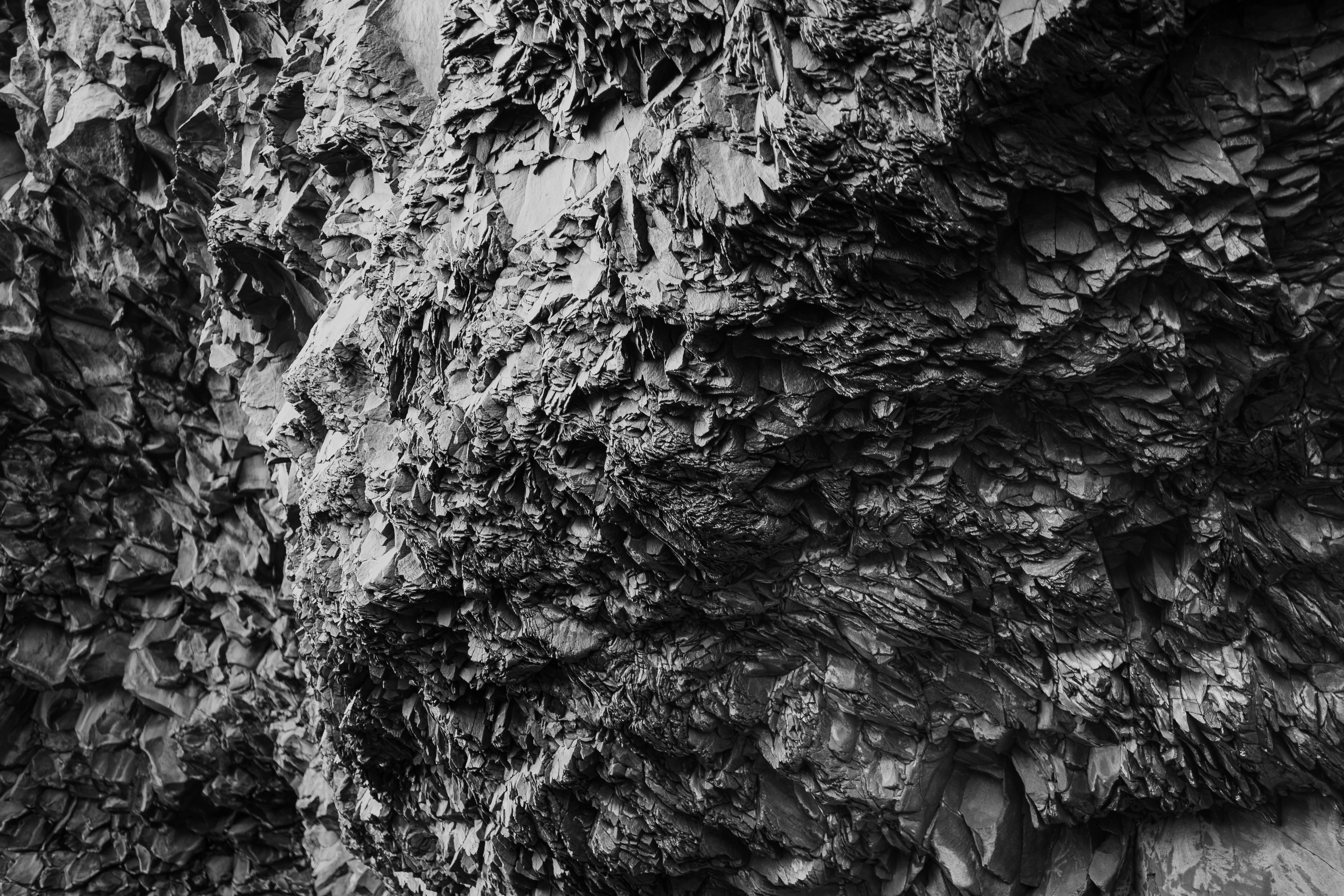 dark plain grey, rock formation, rugged layered rock formations, 5K Desktop Wallpaper