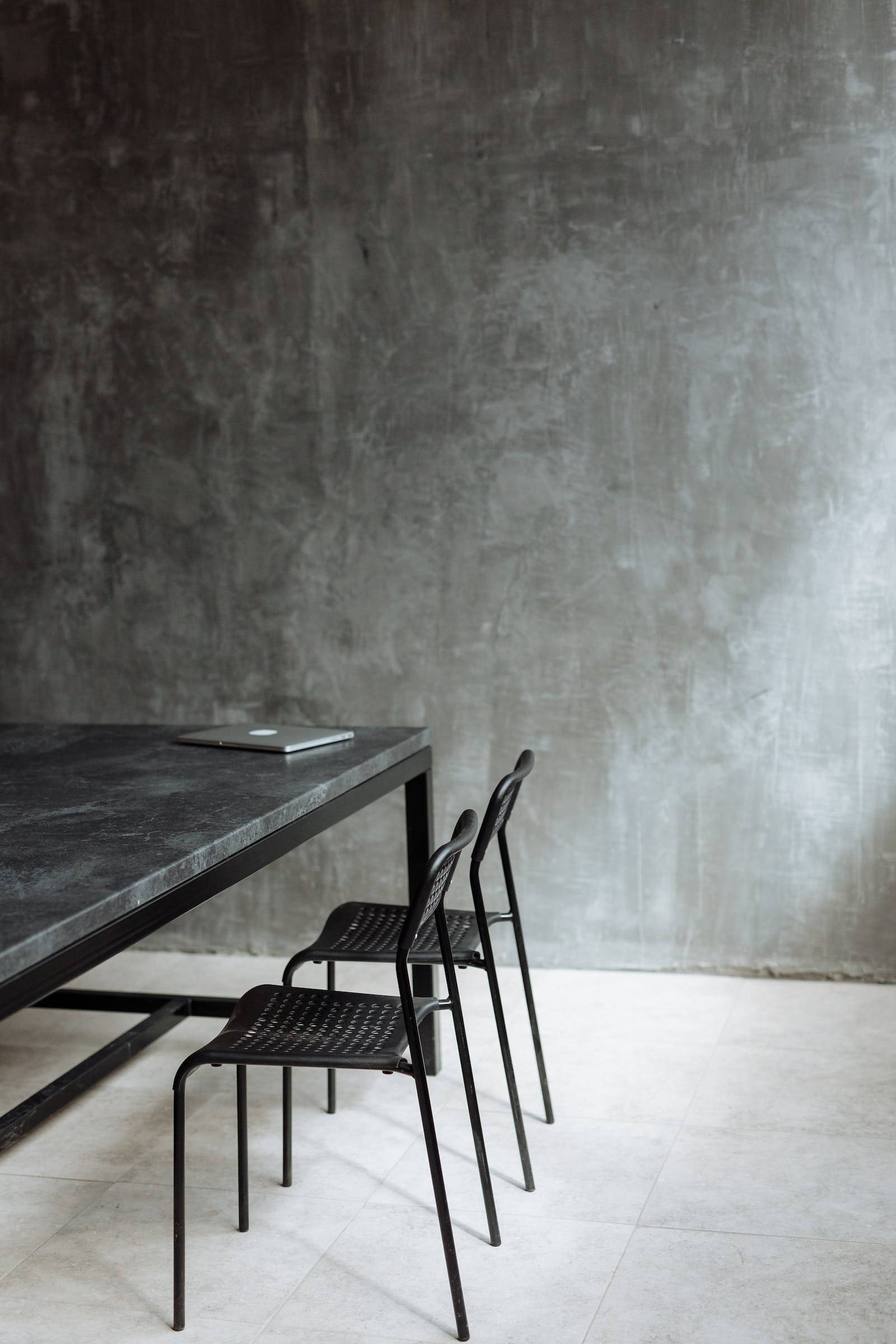 Industrial Table And Chairs Plain Grey, black metal, textured gray concrete wall, Full HD Phone Wallpaper