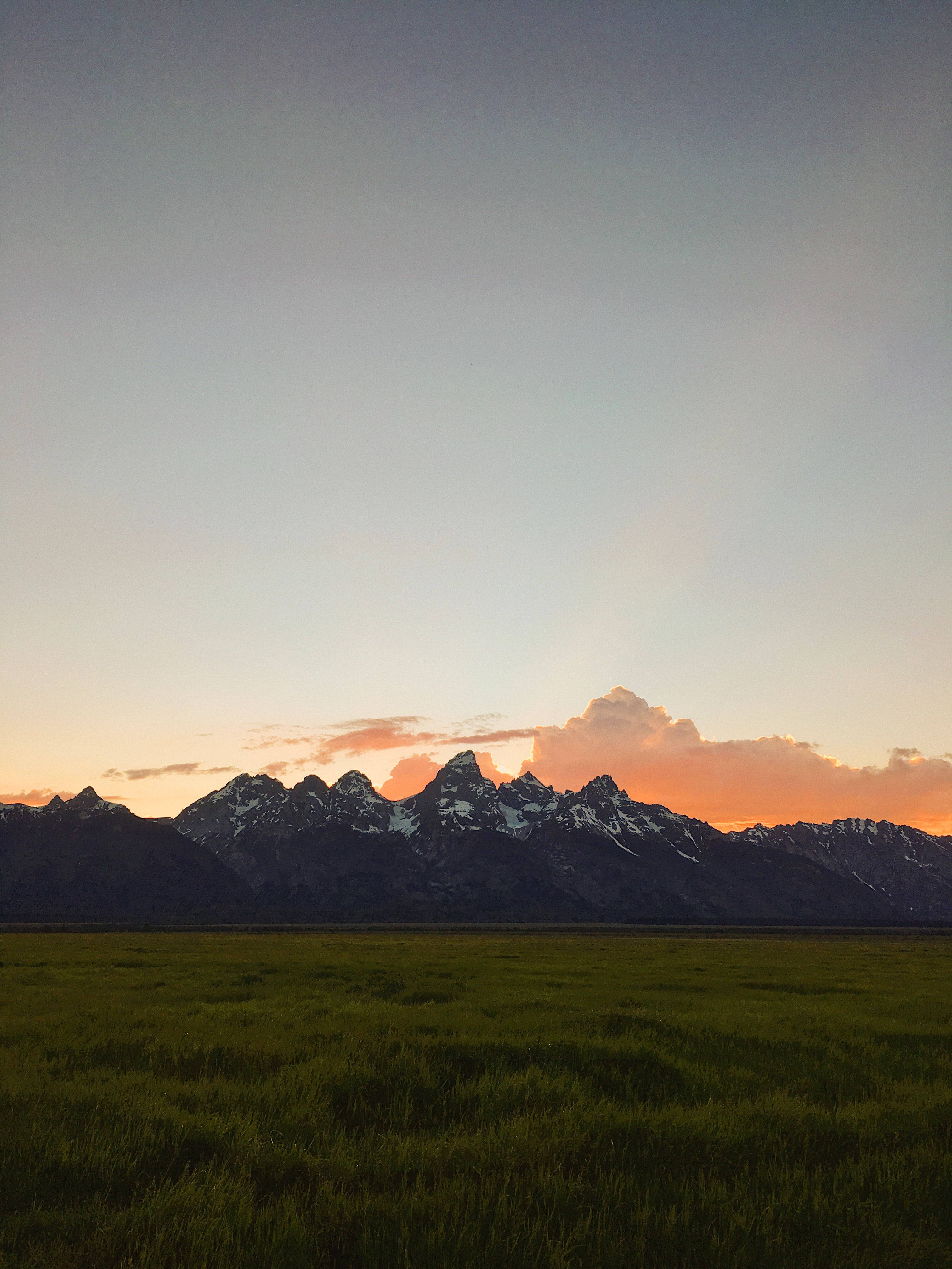 distant mountains, green meadow, snow-capped mountains, 4K Phone Wallpaper