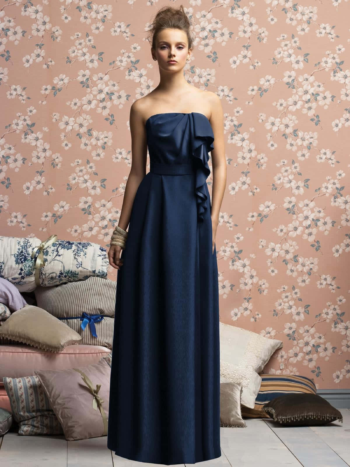 navy blue strapless gown, pink floral wallpaper, cozy pile of patterned pillows, HD Phone Wallpaper