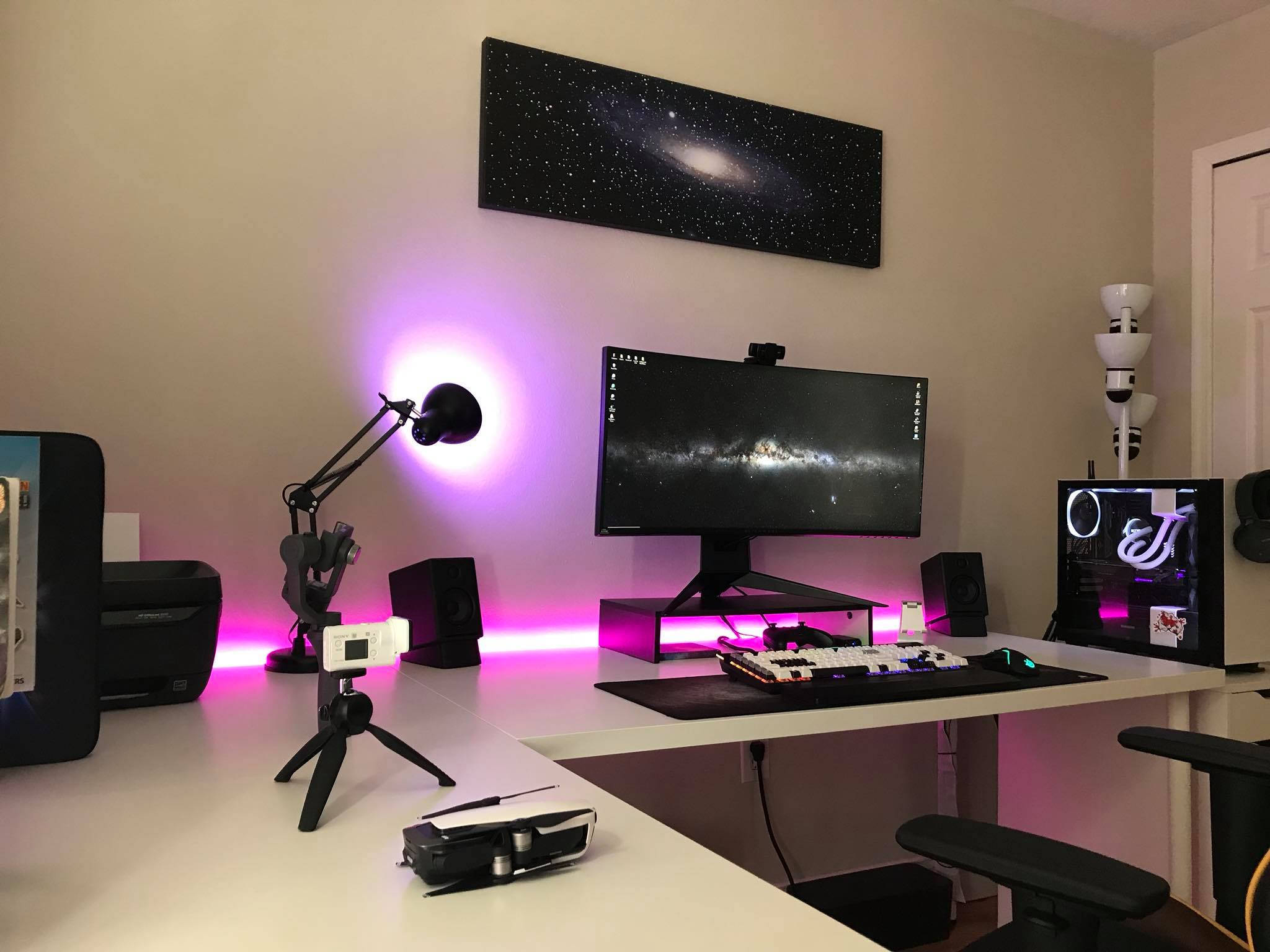 pink accents, modern desktop computer, purple LED lighting, Full HD Desktop Wallpaper