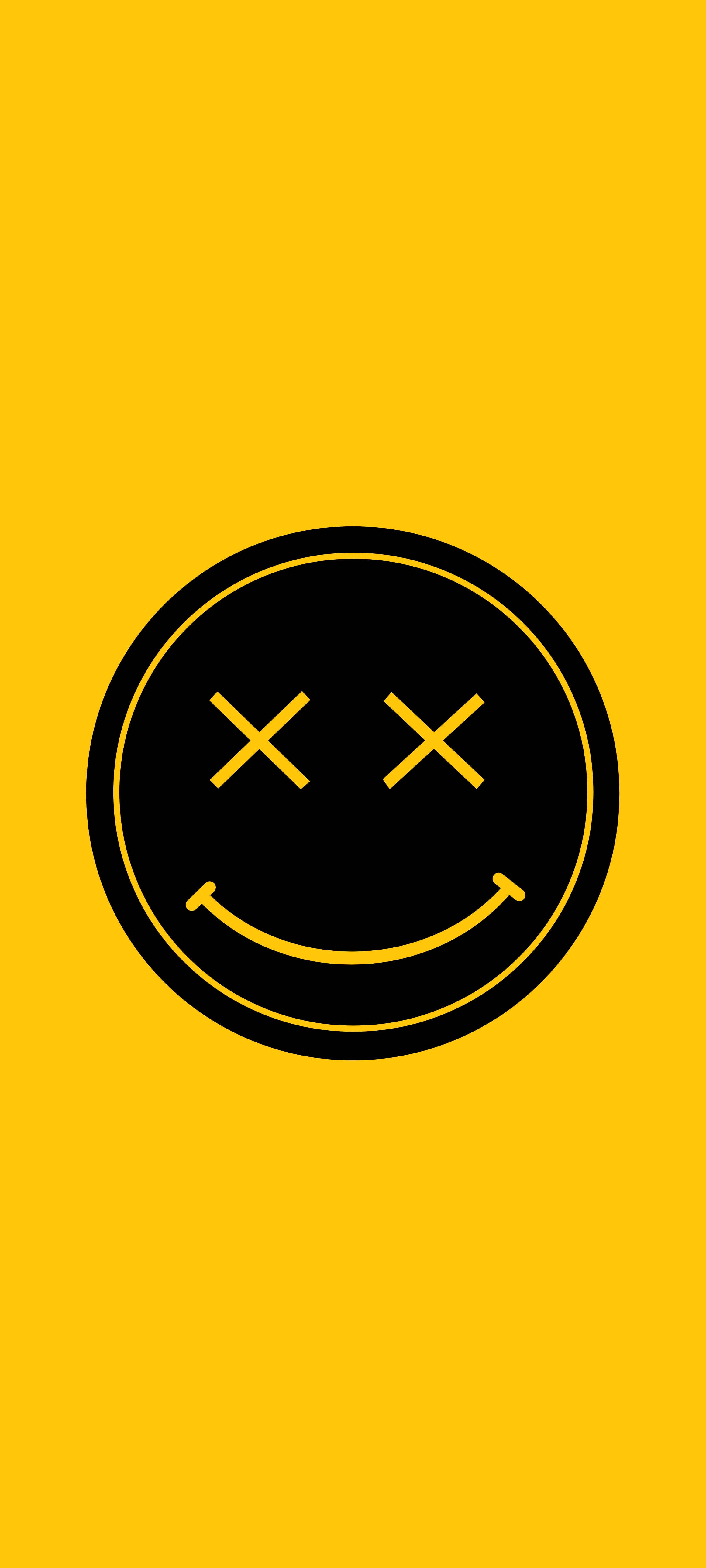 Dead Smile, plain yellow iPhone, black smiley face, 5K Phone Wallpaper