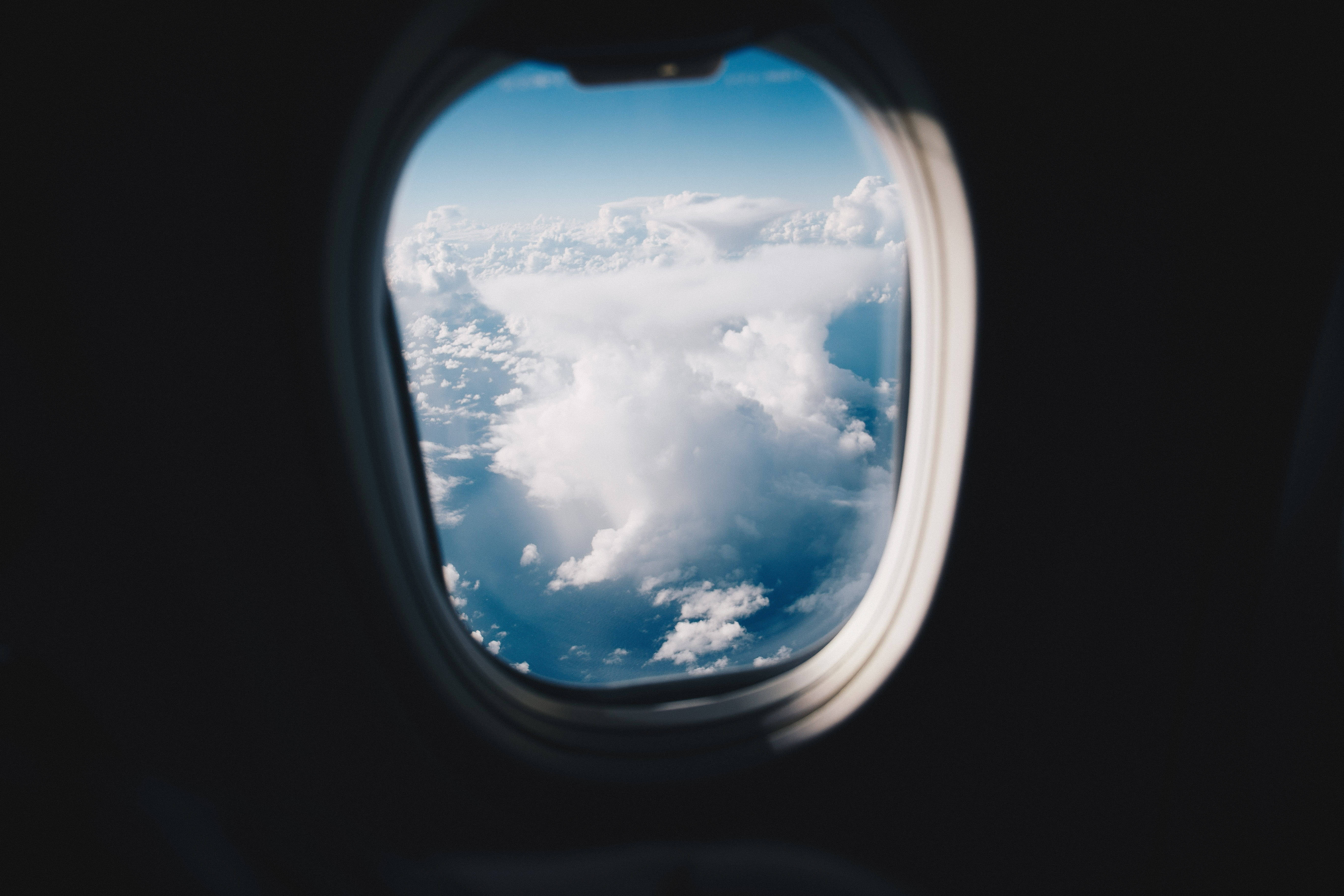 plane window, cirrus clouds, fluffy white clouds, 5K Desktop Wallpaper