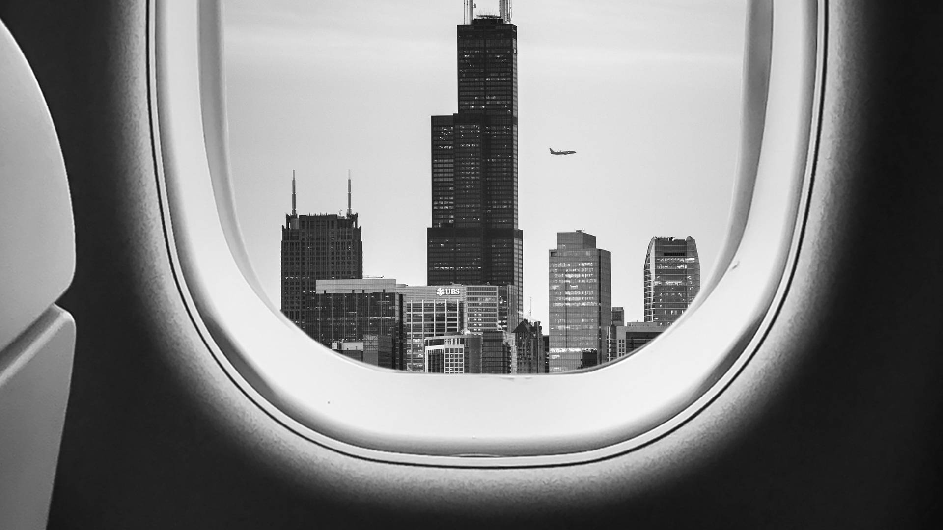 Chicago skyline, airplane window, another plane flying overhead, Full HD Desktop Wallpaper