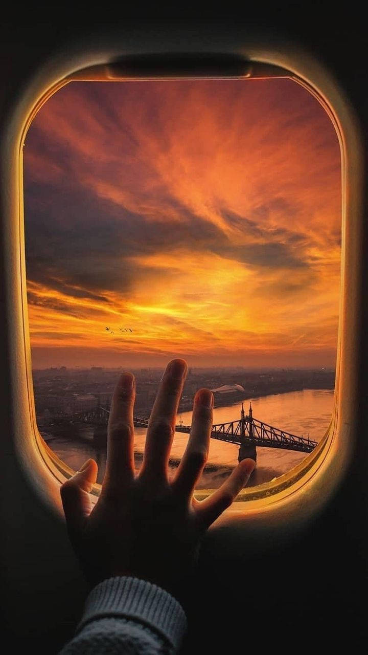 plane window, fiery orange sunset, river, HD Phone Wallpaper