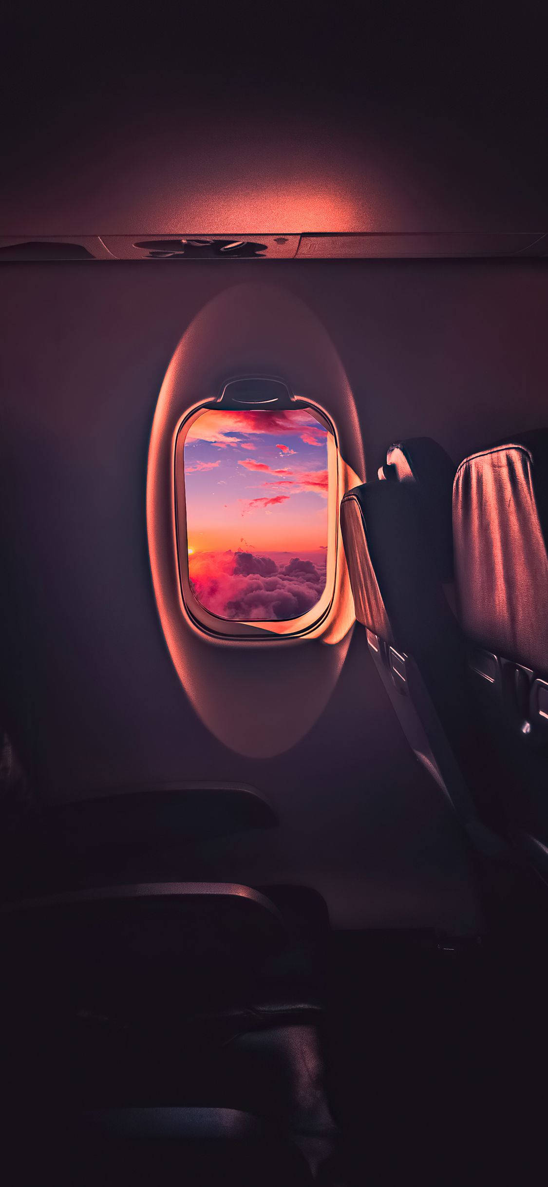 Plane Window, dusk, pink orange clouds, Full HD Phone Wallpaper