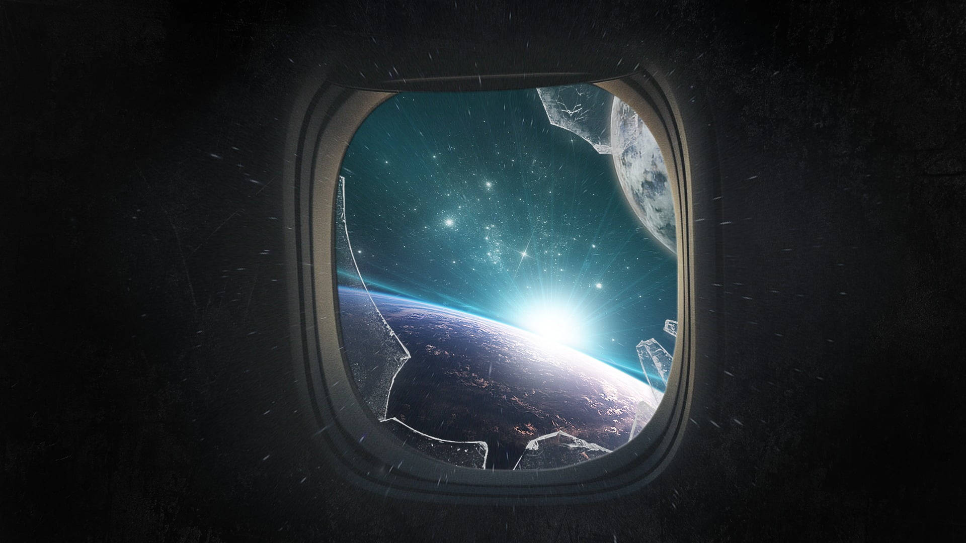 shattered airplane window, Earth, stars, Full HD Desktop Wallpaper