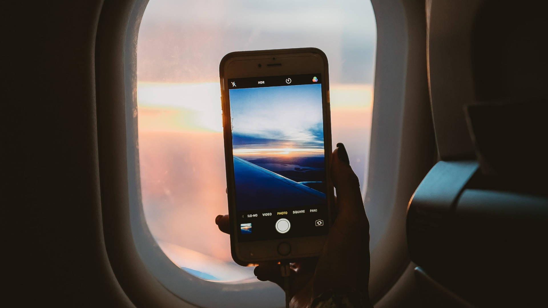 iPhone, plane window, sunset, Full HD Desktop Wallpaper