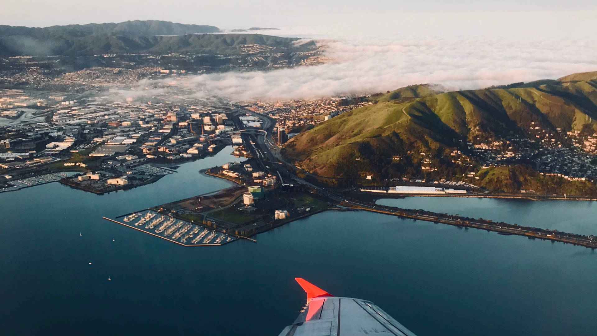 plane window, coastal city, green hills, Full HD Desktop Wallpaper