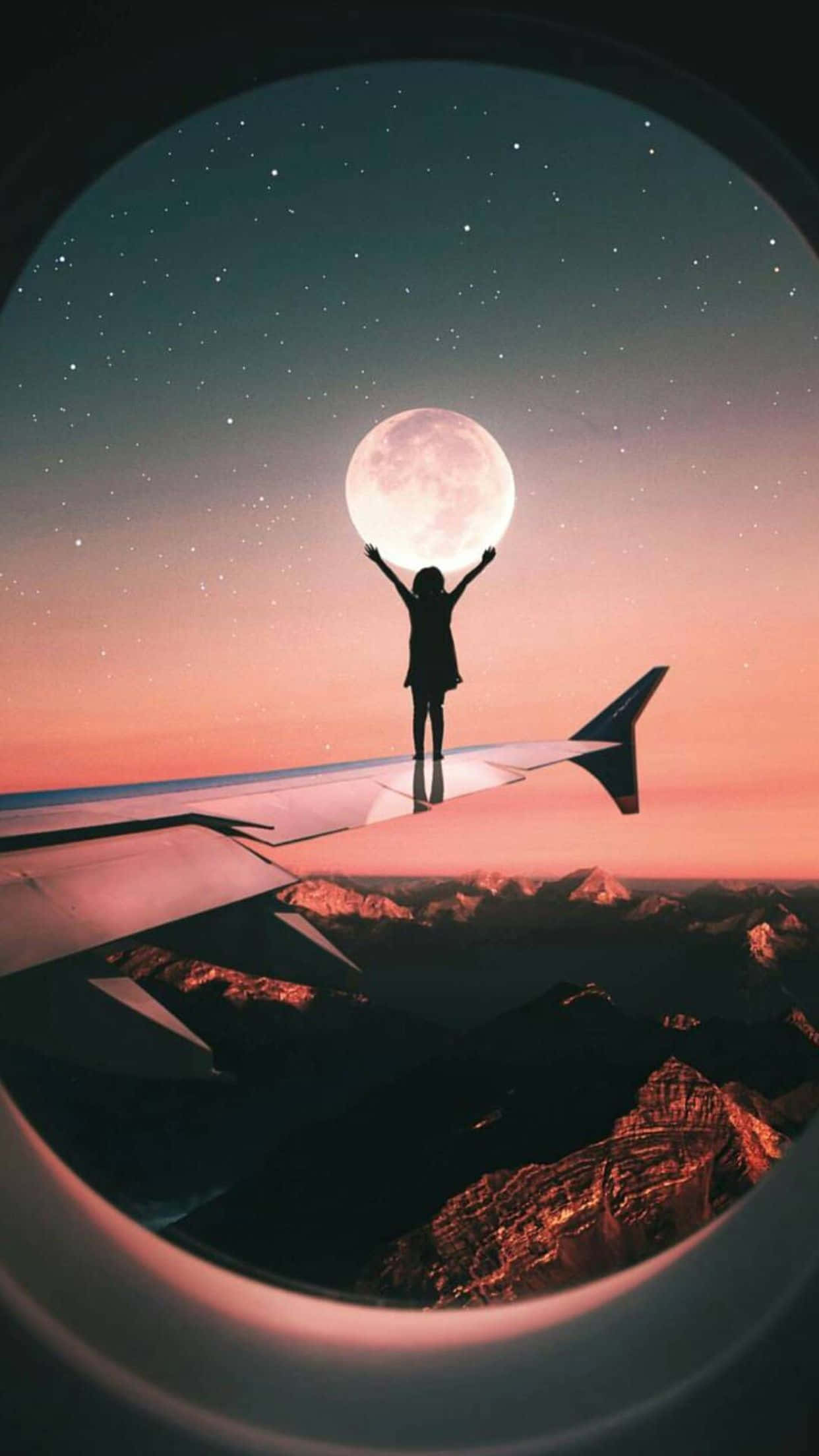 Tumblr Photography, moon, airplane wing, Full HD Phone Wallpaper