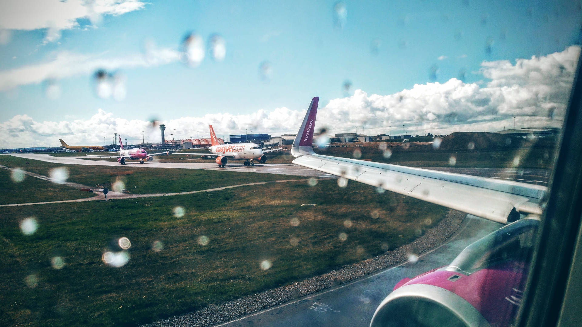 misty plane window, rain-speckled airplane window, airport tarmac, Full HD Desktop Wallpaper