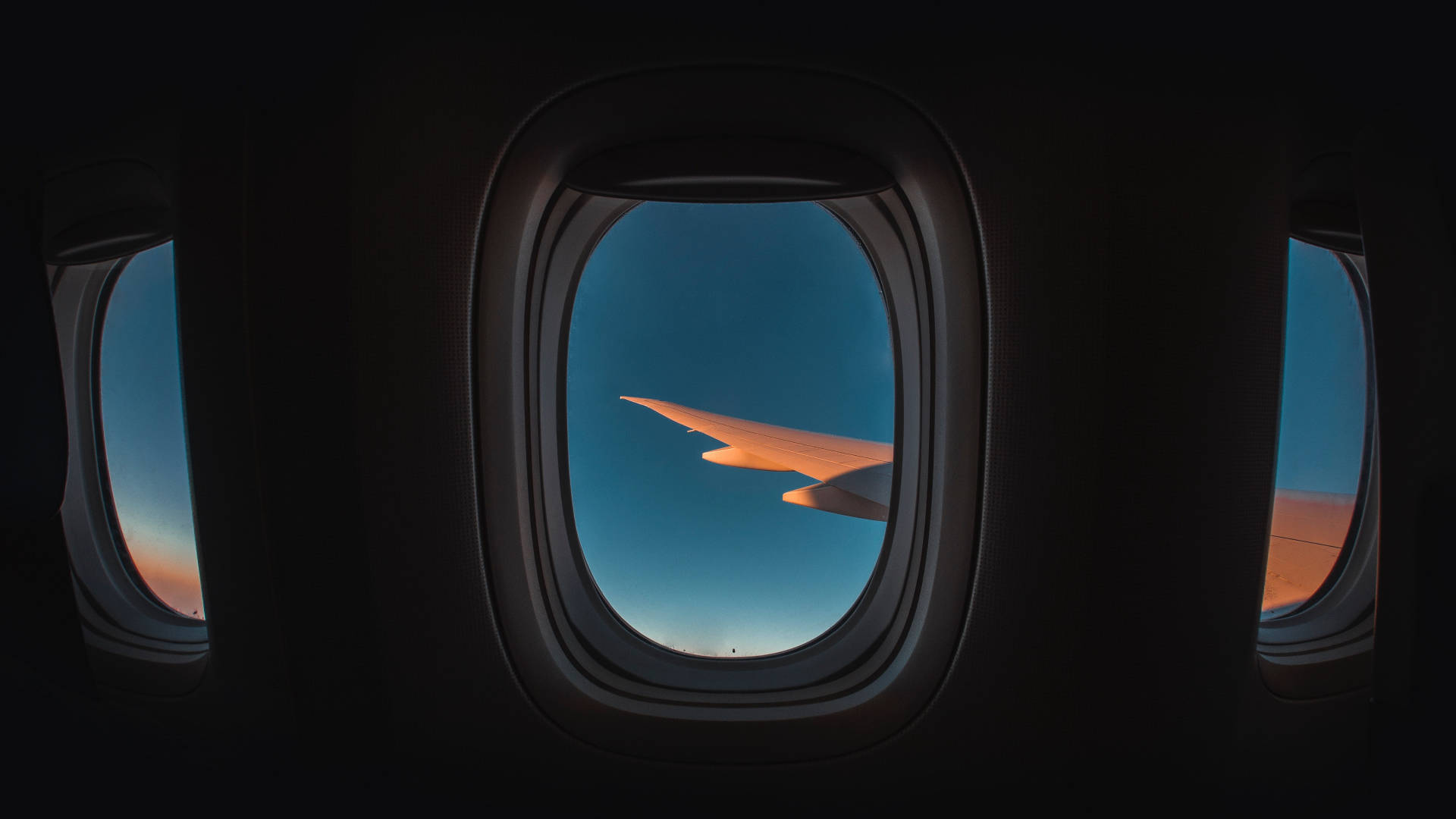 Aircraft wing, twilight sky, airplane window, Full HD Desktop Wallpaper