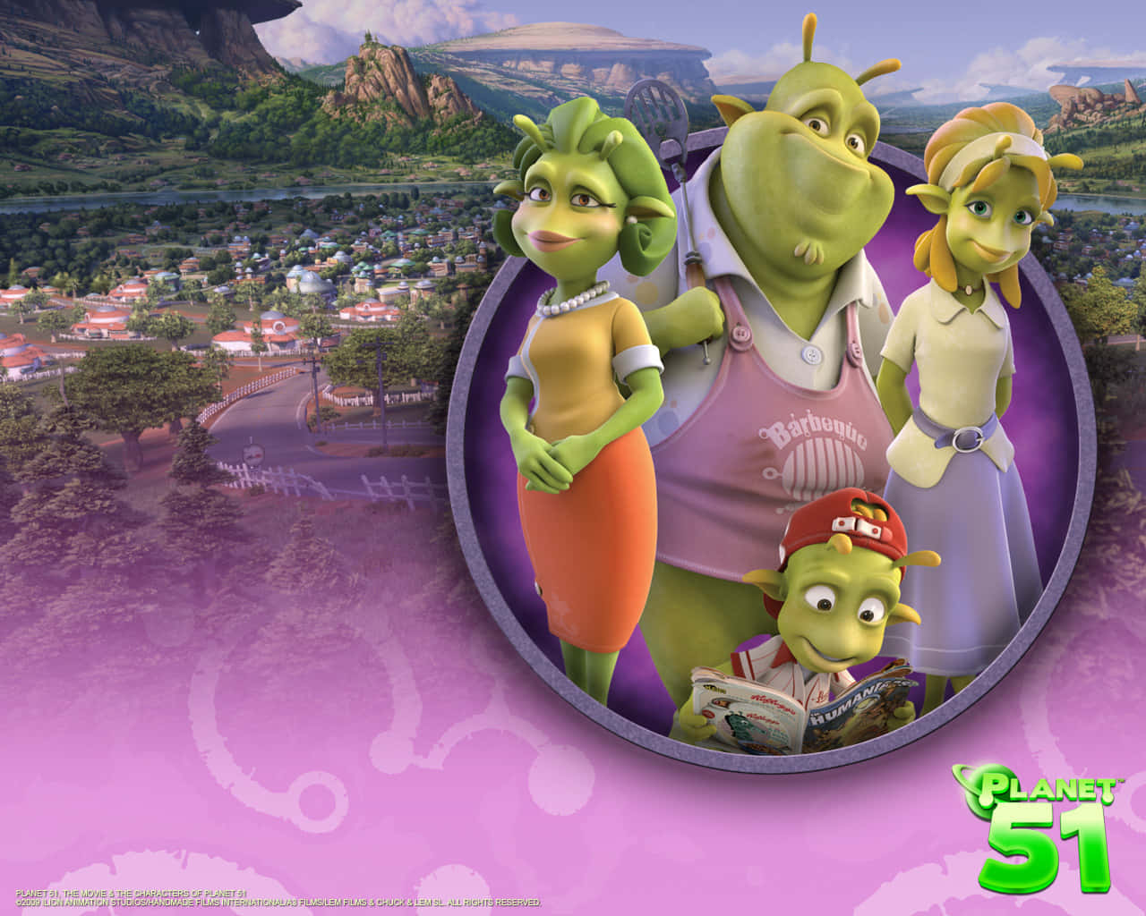 Planet 51, green alien family, circular frame, HD Desktop Wallpaper