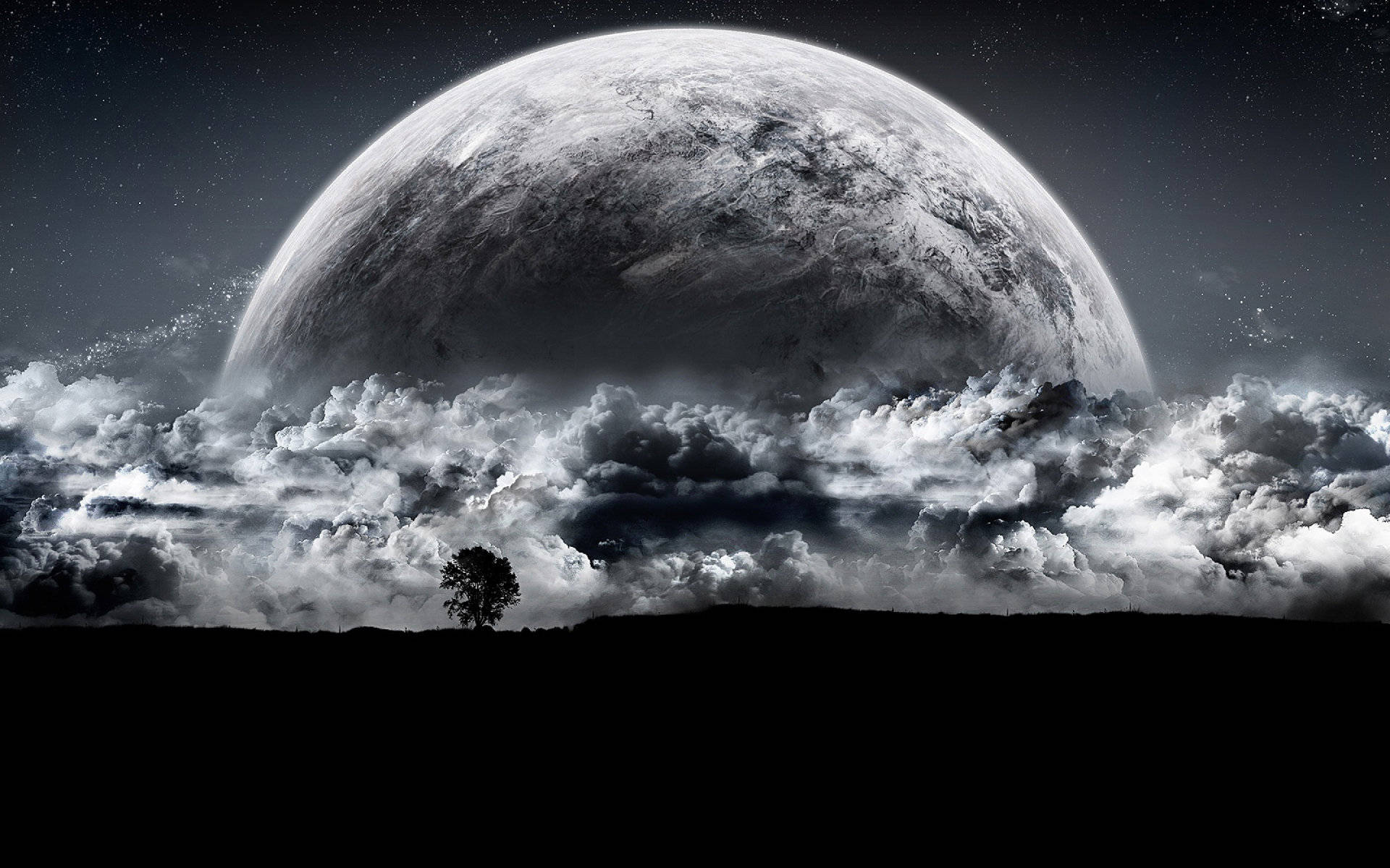 enormous planet, colossal moon, dramatic clouds, Full HD Desktop Wallpaper