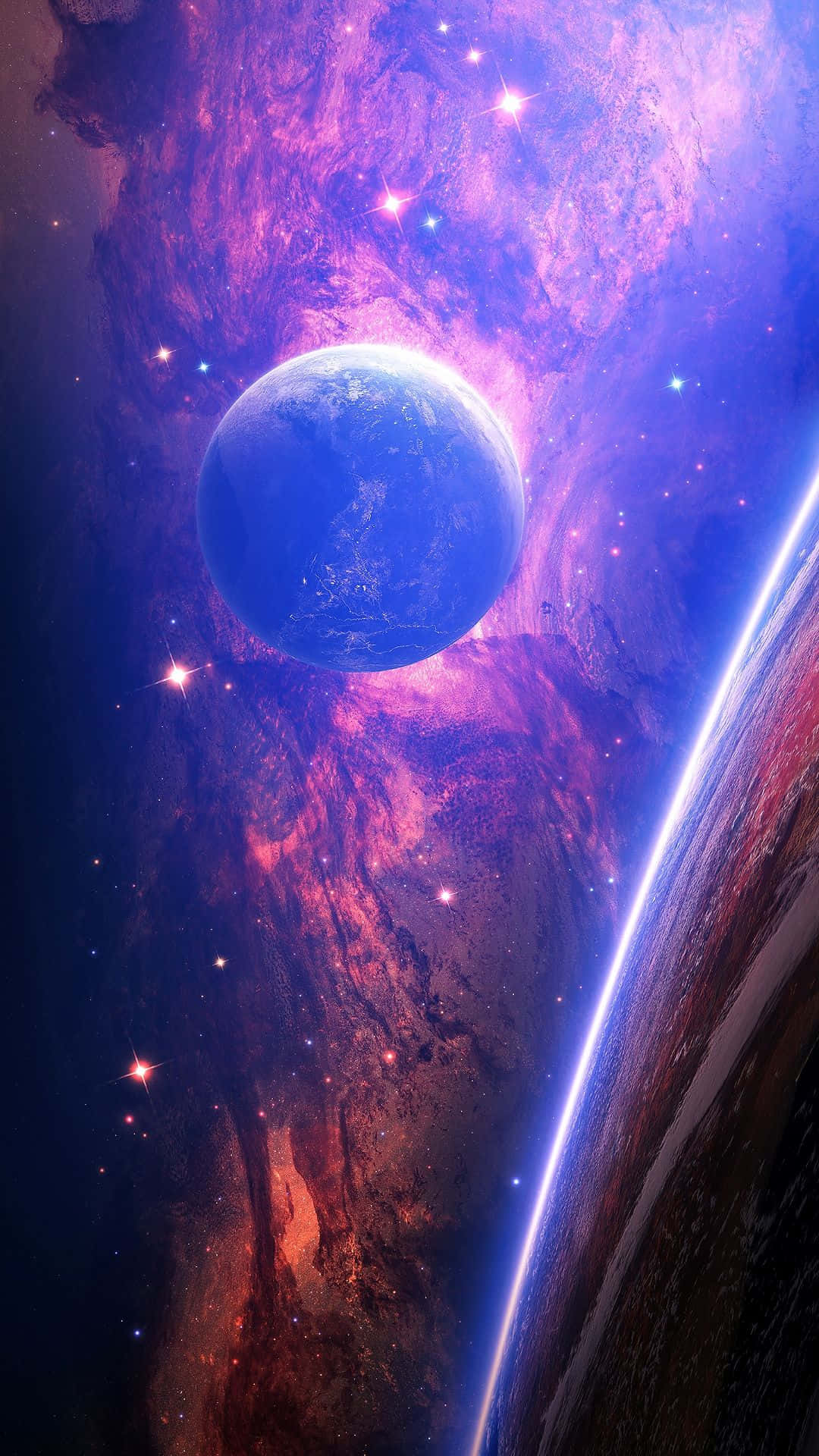 blue planet, vibrant purple and red nebula, glowing stars, Full HD Phone Wallpaper