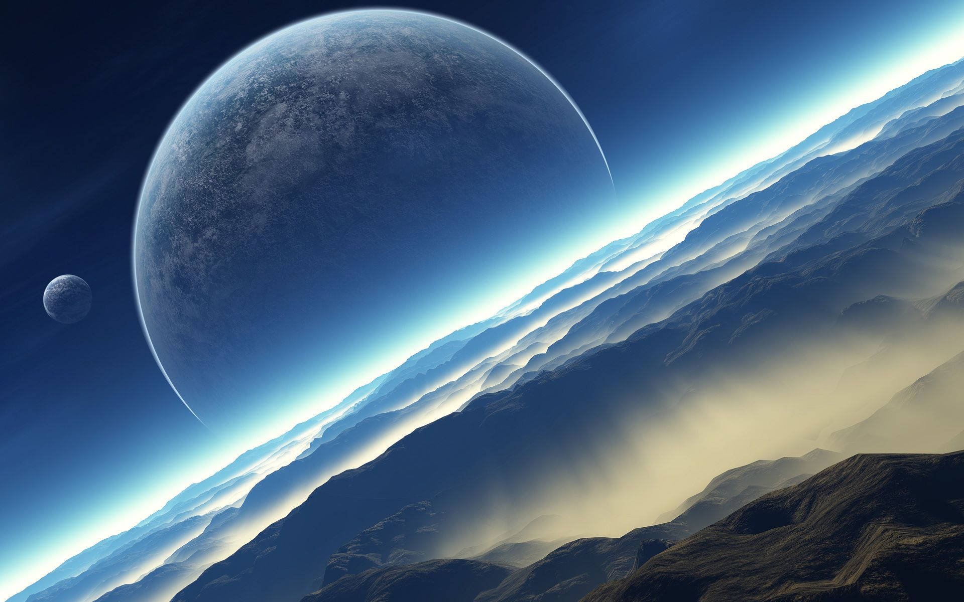 colossal planet, rugged mountain range, deep blue sky, Full HD Desktop Wallpaper