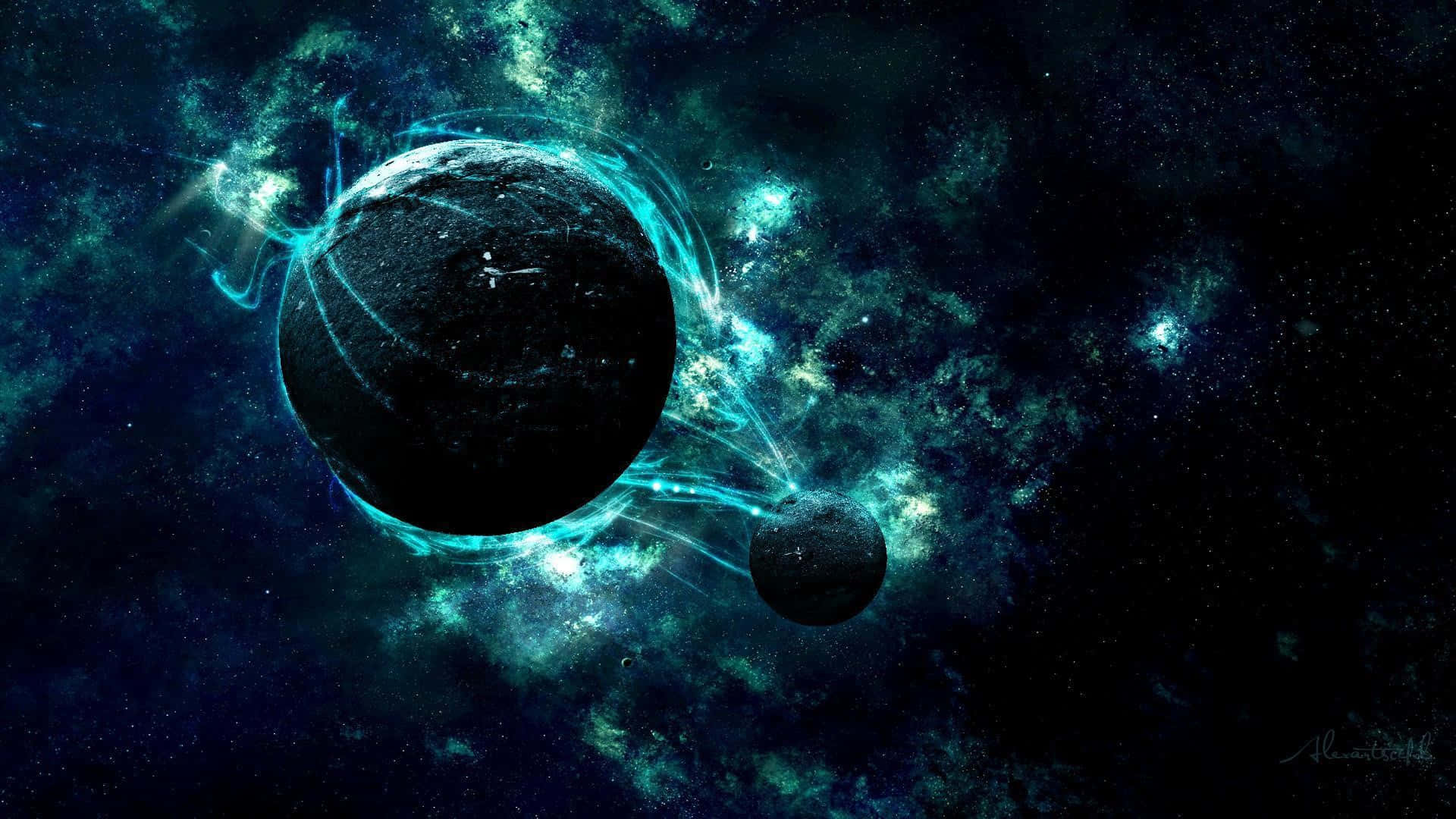 galaxy planet, teal energy streams, starry cosmic nebula, Full HD Desktop Wallpaper
