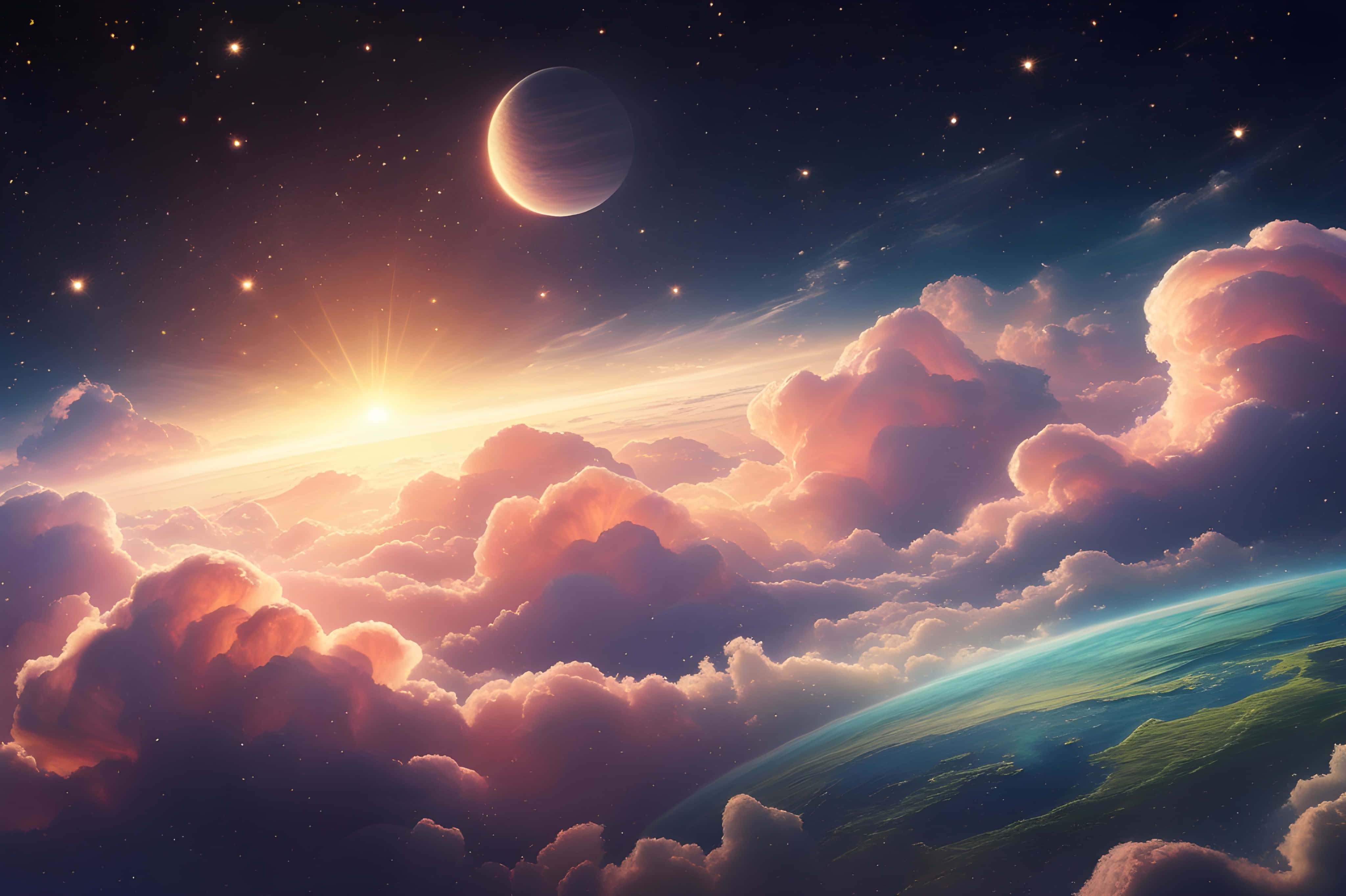 crescent moon, curved blue planet, fluffy pink clouds, 4K Desktop Wallpaper