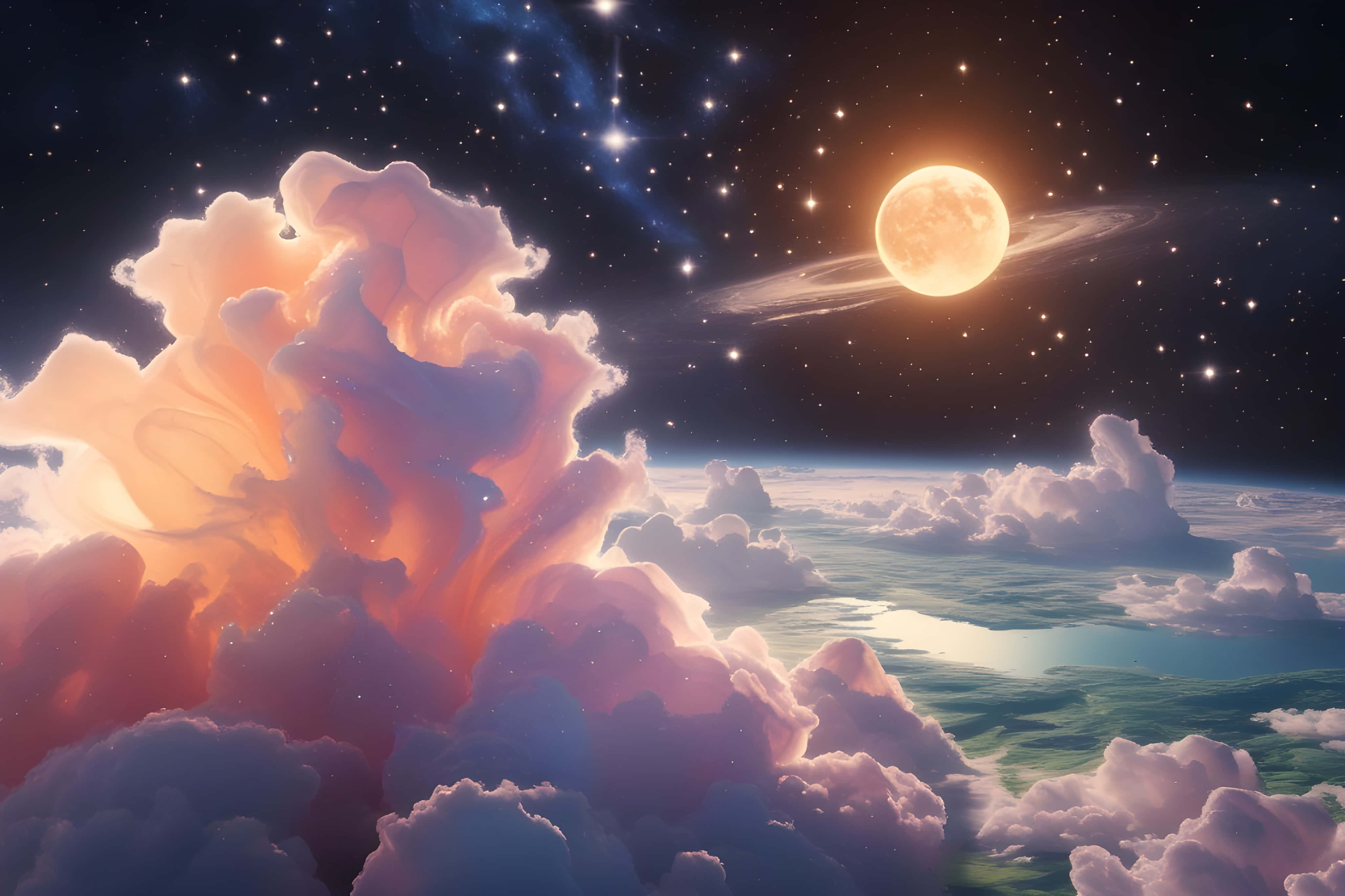 glowing moon, ringed planet, pink purple and orange clouds, 4K Desktop Wallpaper