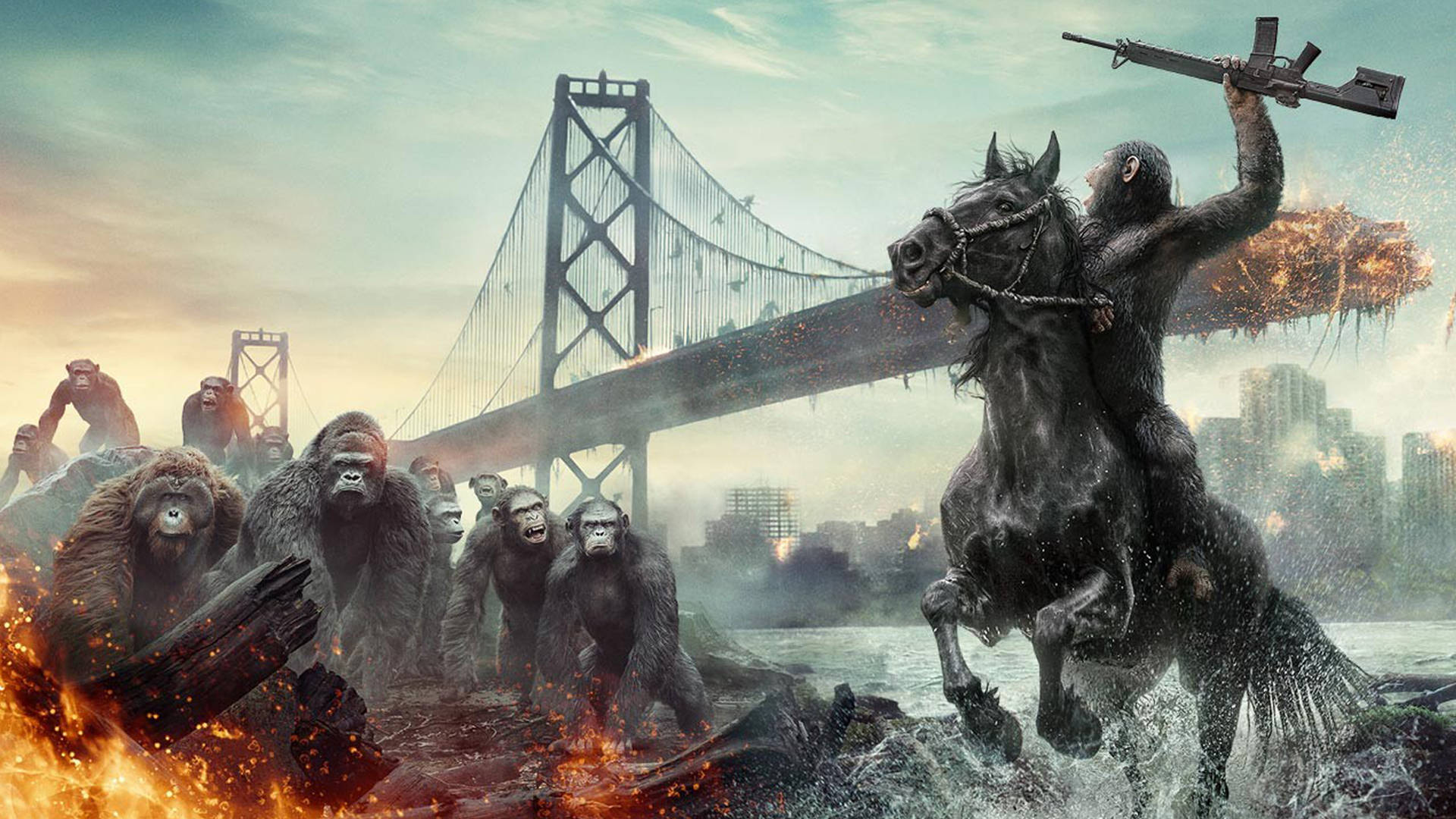 Dawn of the Planet of the Apes, apocalypse, apes charging across water, Full HD Desktop Wallpaper