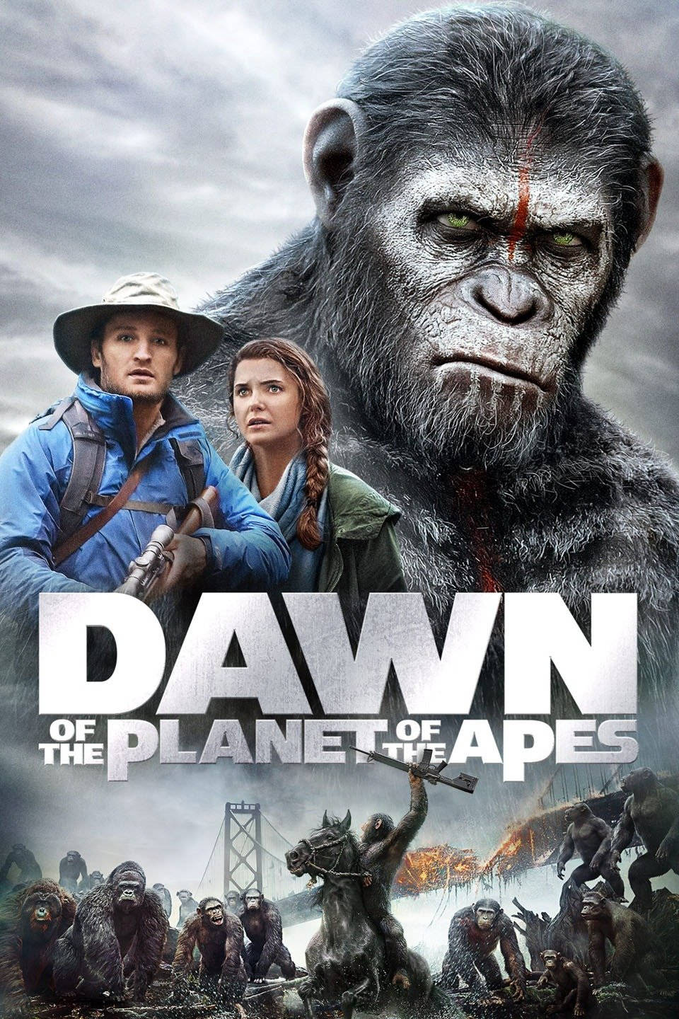 2014 Dawn of the Planet of the Apes, red scar, burning bridge, HD Phone Wallpaper
